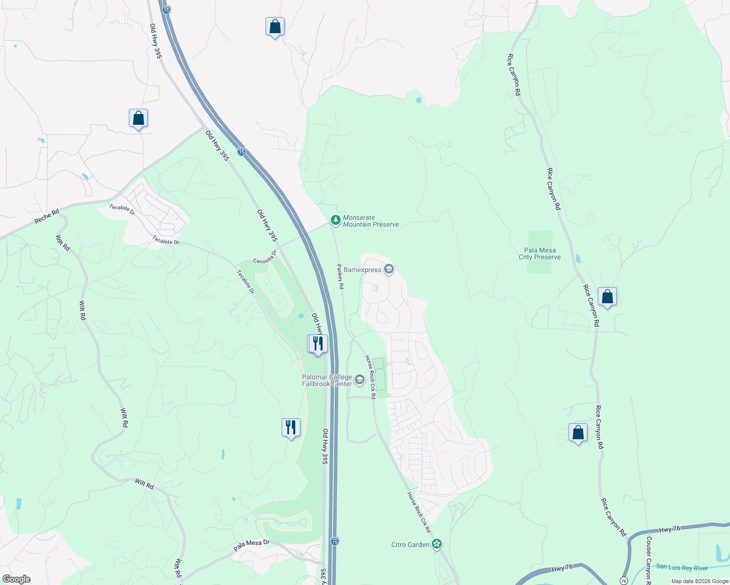 map of restaurants, bars, coffee shops, grocery stores, and more near 284 Pantaneiro Place in Fallbrook