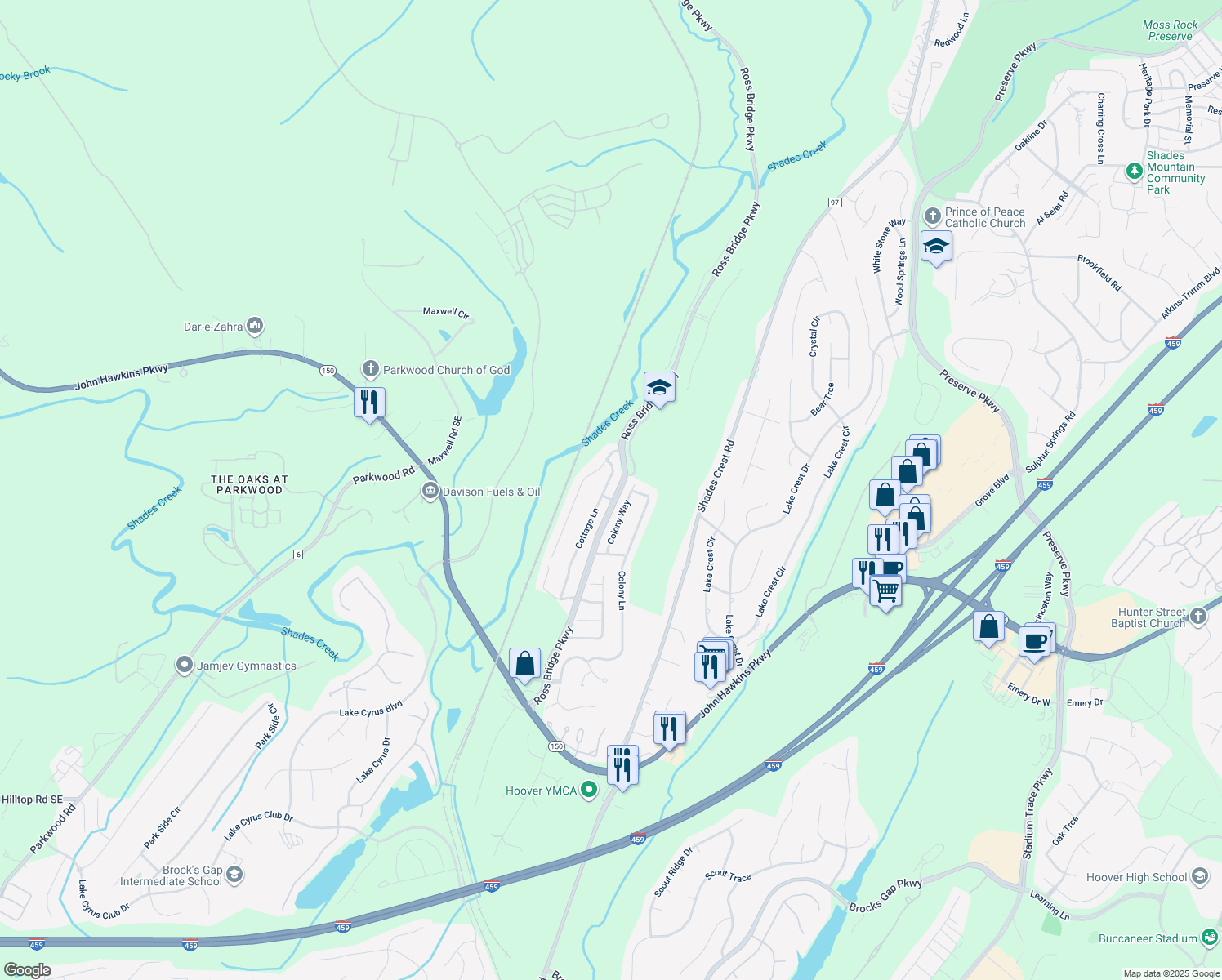 map of restaurants, bars, coffee shops, grocery stores, and more near 5270 Cottage Lane in Hoover