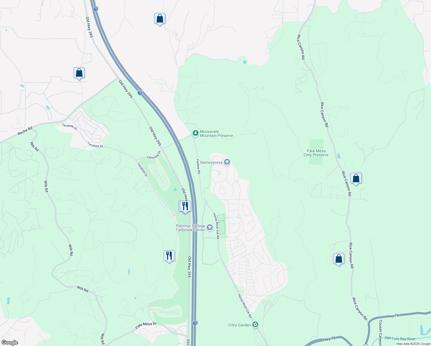 map of restaurants, bars, coffee shops, grocery stores, and more near 284 Pantaneiro Place in Fallbrook