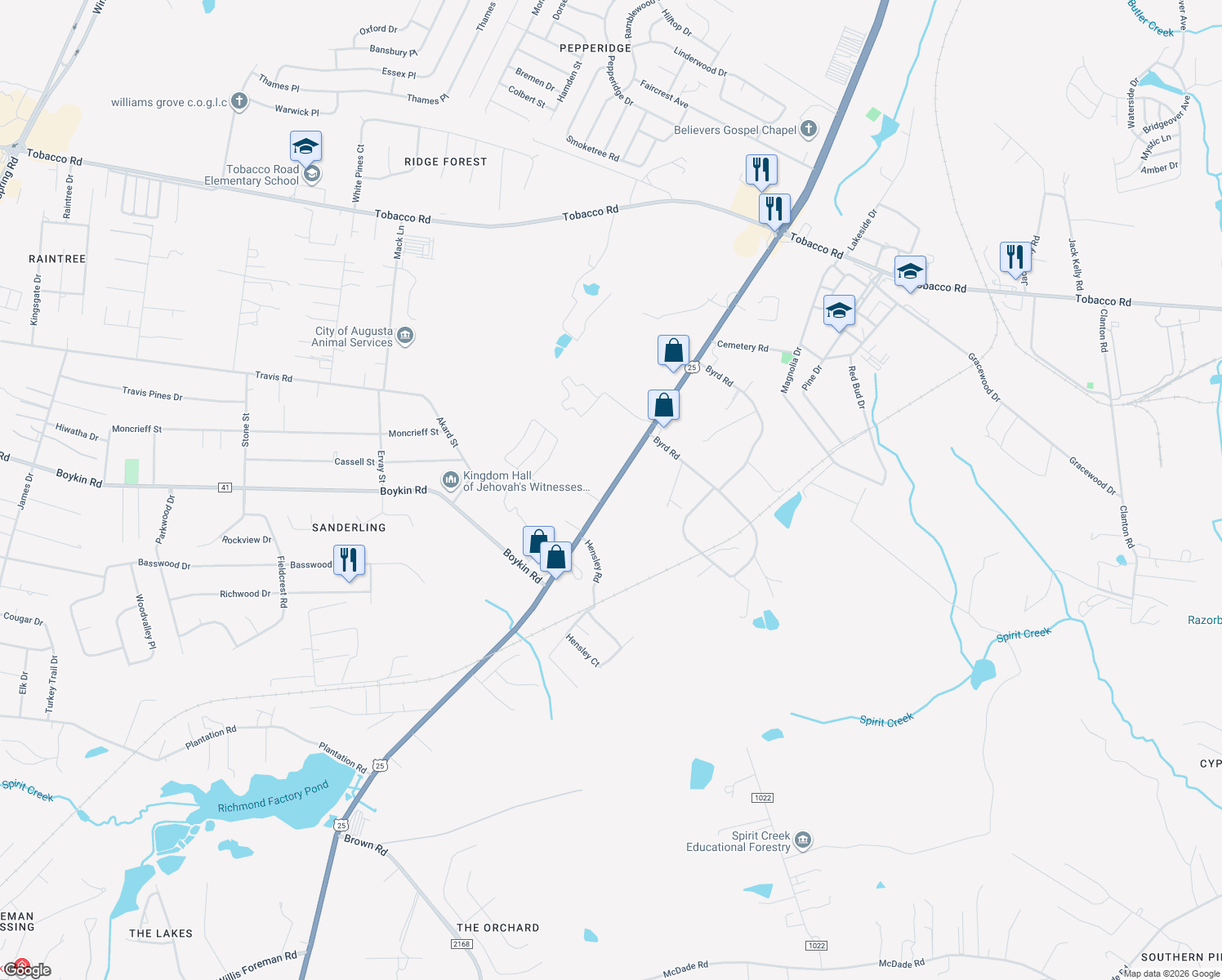 map of restaurants, bars, coffee shops, grocery stores, and more near 3720 Peach Orchard Road in Augusta