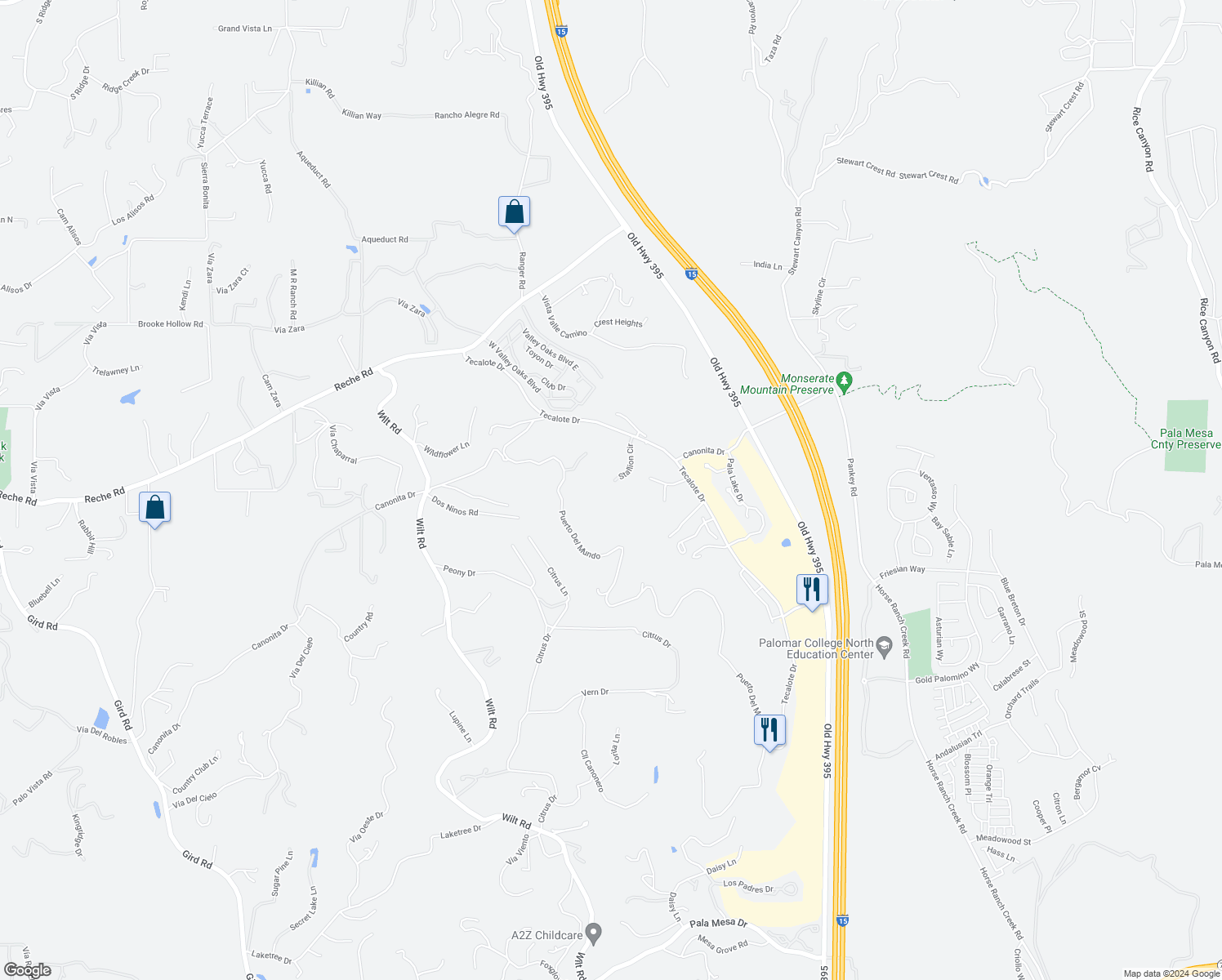 map of restaurants, bars, coffee shops, grocery stores, and more near 4007 Millagra Drive in Fallbrook
