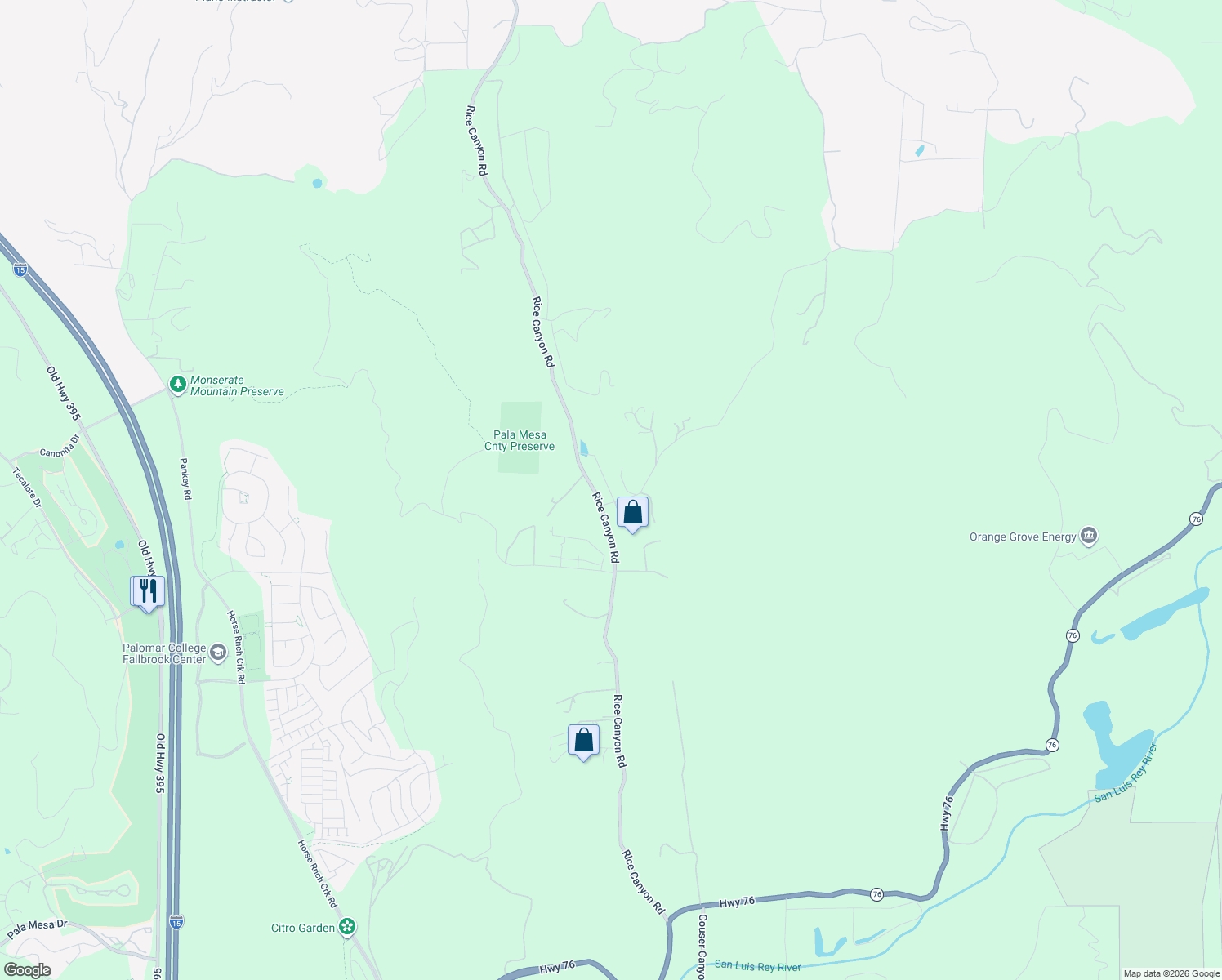 map of restaurants, bars, coffee shops, grocery stores, and more near 101 Rice Canyon Road in Fallbrook