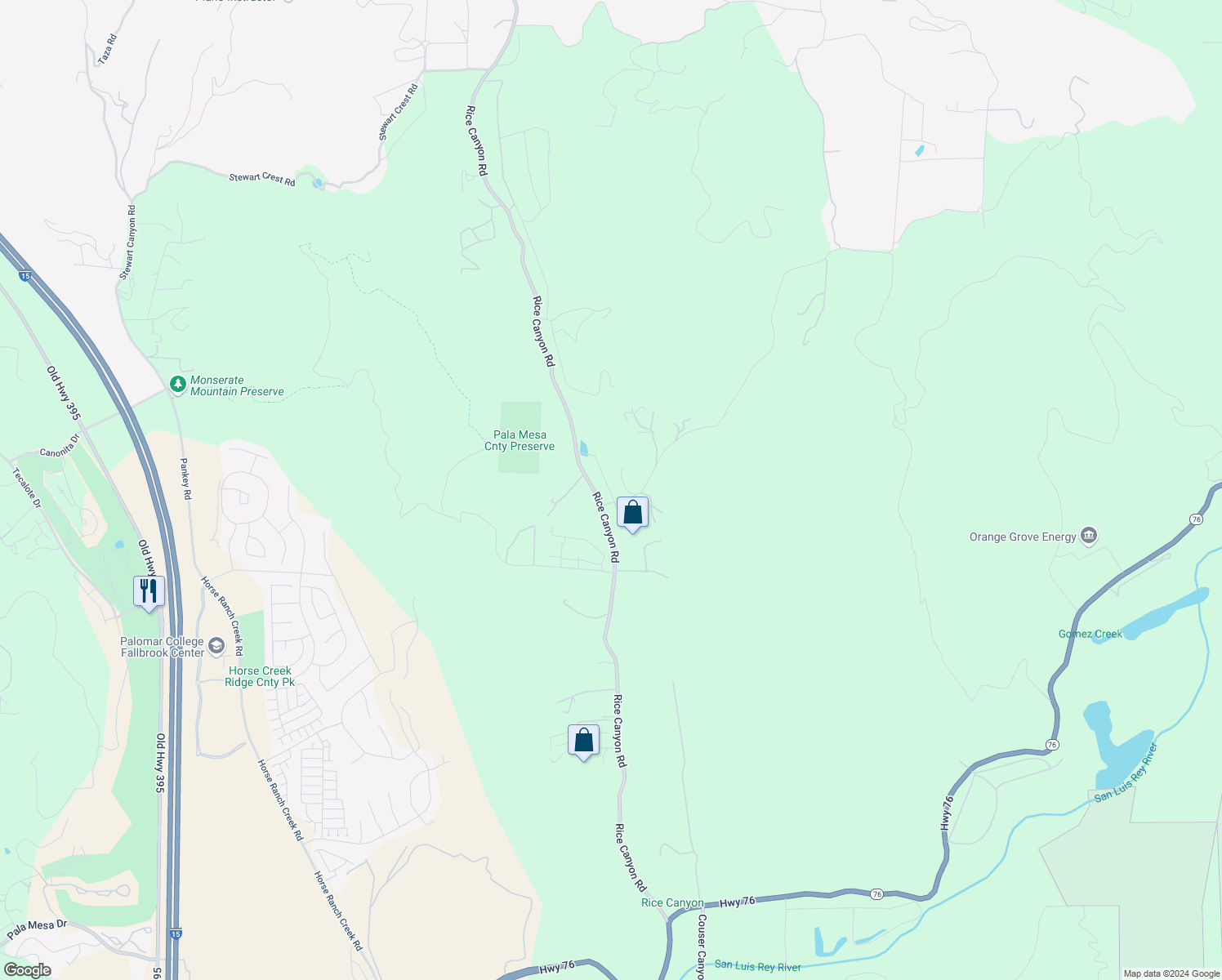 map of restaurants, bars, coffee shops, grocery stores, and more near 9104 Huntley Road in Fallbrook
