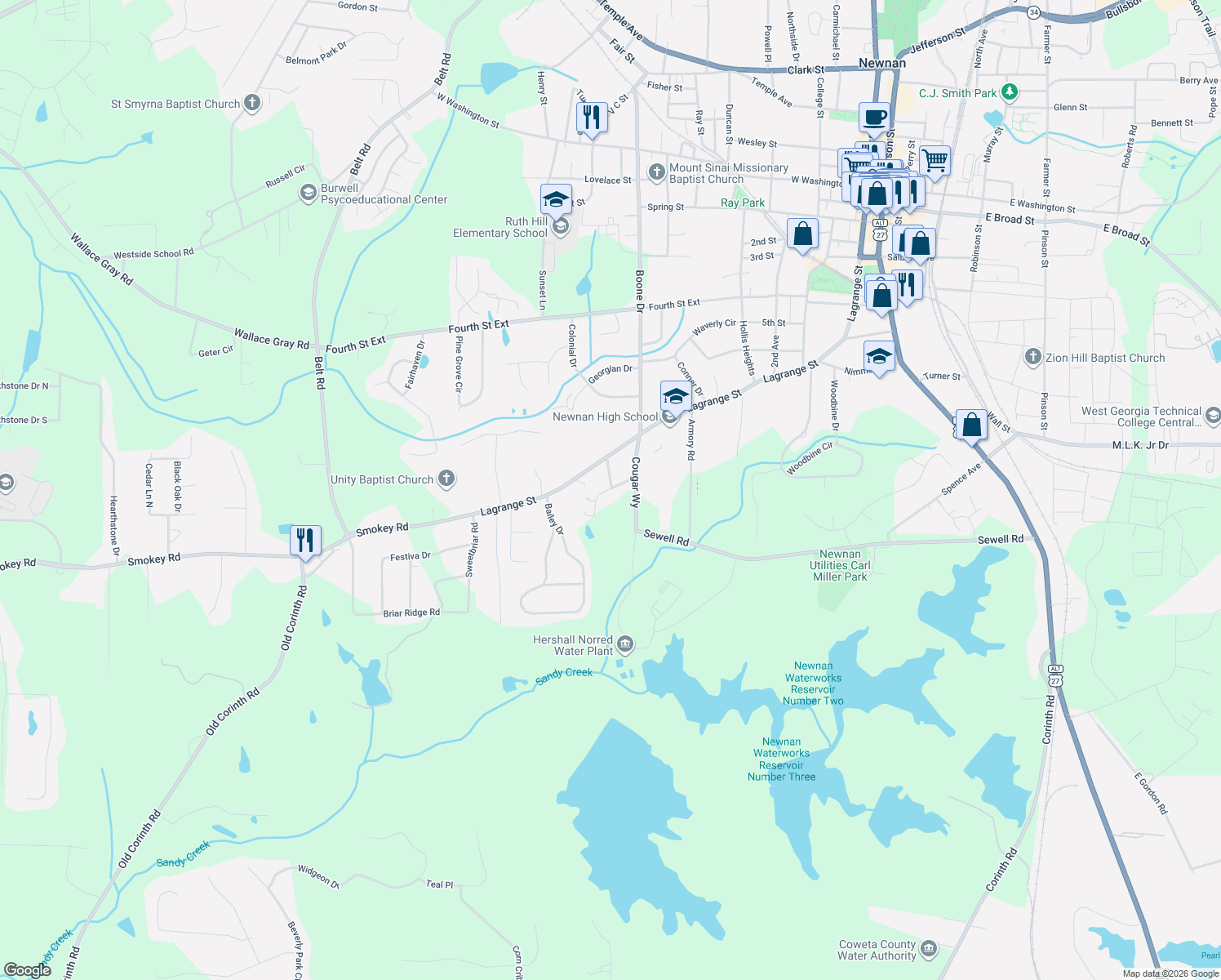map of restaurants, bars, coffee shops, grocery stores, and more near 14 Sunny South Street in Newnan