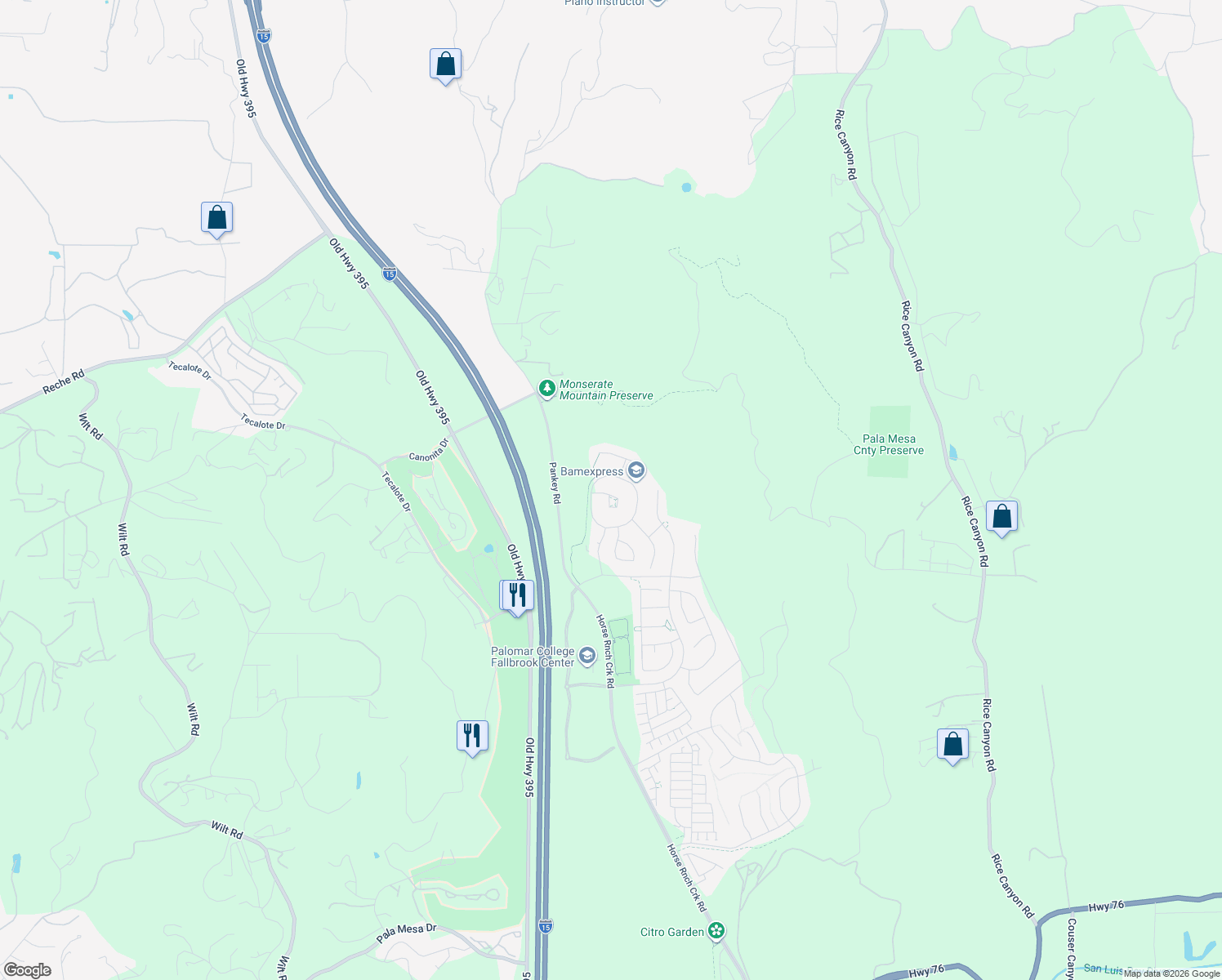 map of restaurants, bars, coffee shops, grocery stores, and more near 284 Pantaneiro Place in Fallbrook