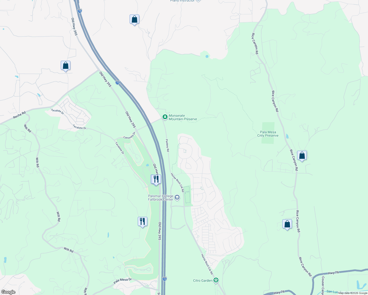 map of restaurants, bars, coffee shops, grocery stores, and more near 220 Pantaneiro Place in Fallbrook