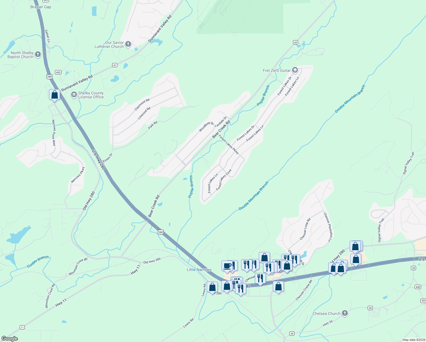 map of restaurants, bars, coffee shops, grocery stores, and more near 685 Forest Lakes Drive in Sterrett