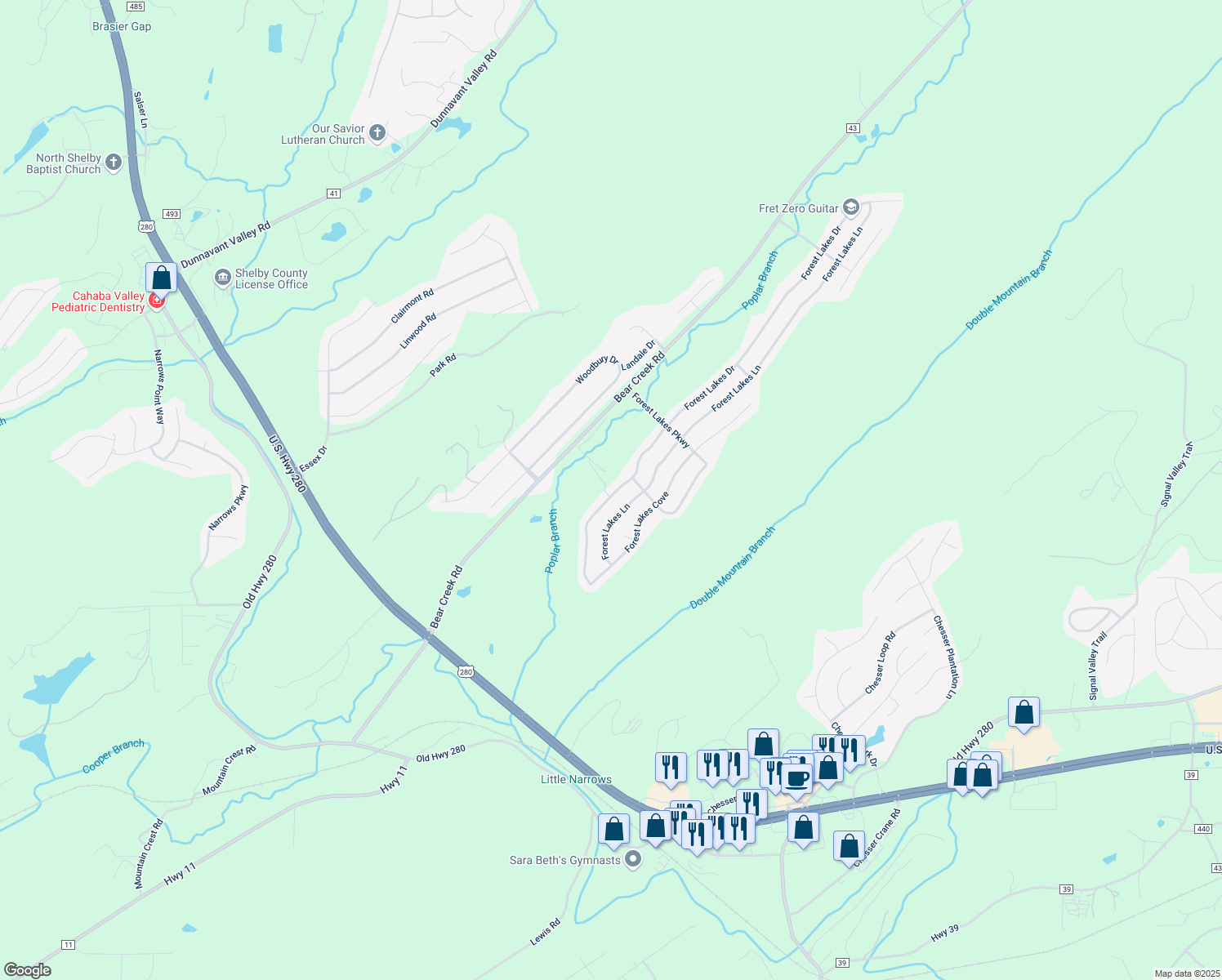 map of restaurants, bars, coffee shops, grocery stores, and more near 684 Forest Lakes Drive in Sterrett