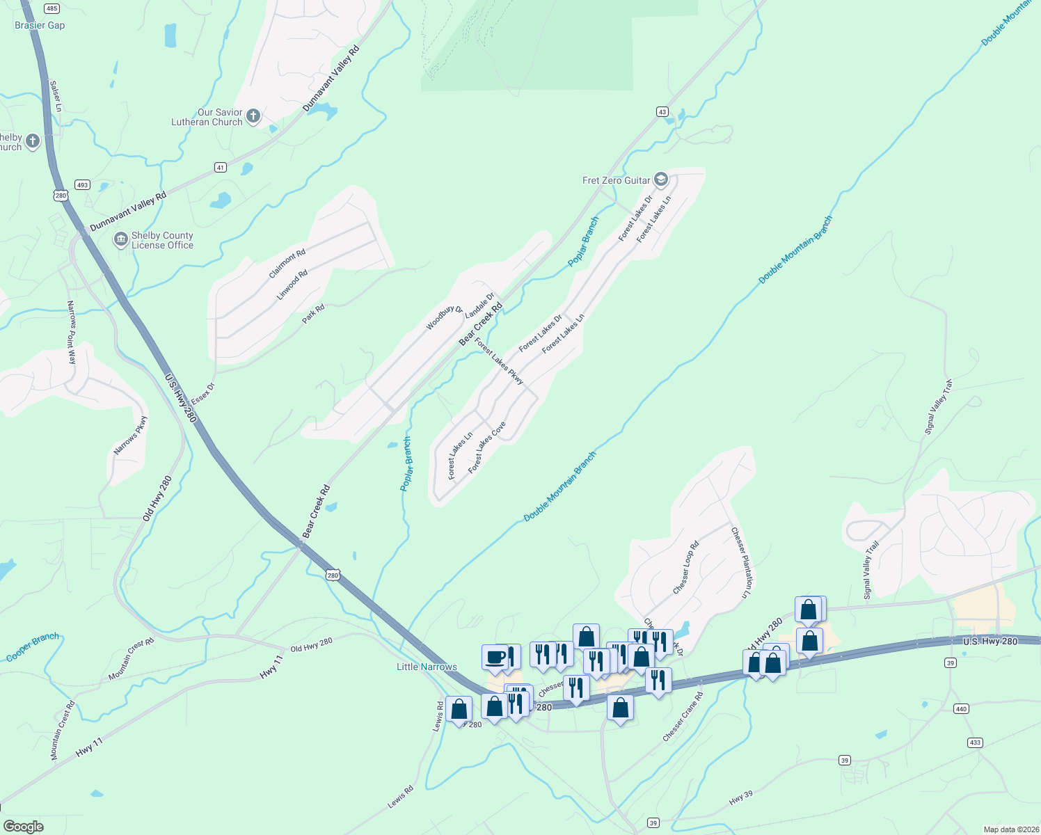 map of restaurants, bars, coffee shops, grocery stores, and more near 1169 Forest Lakes Way in Sterrett