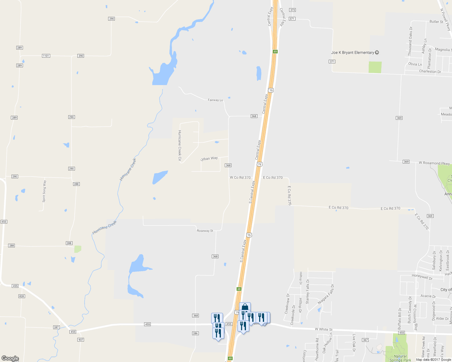 map of restaurants, bars, coffee shops, grocery stores, and more near 10847 County Road 368 in Anna