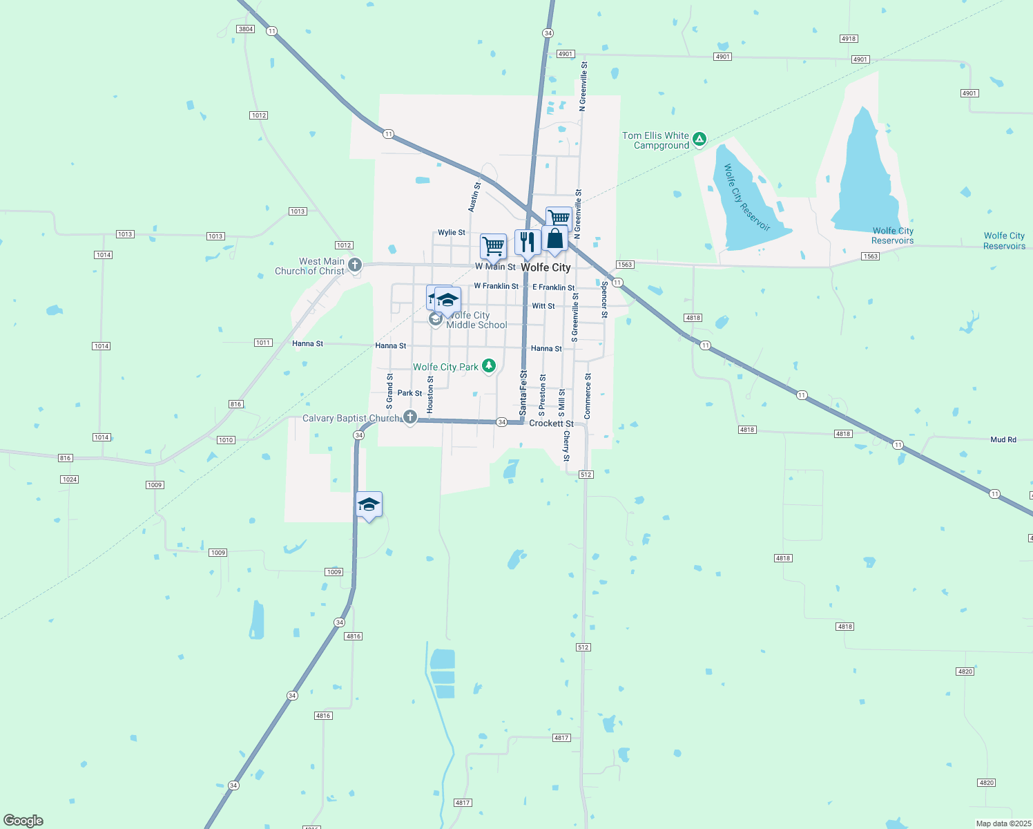 map of restaurants, bars, coffee shops, grocery stores, and more near 706 Santa Fe Street in Wolfe City