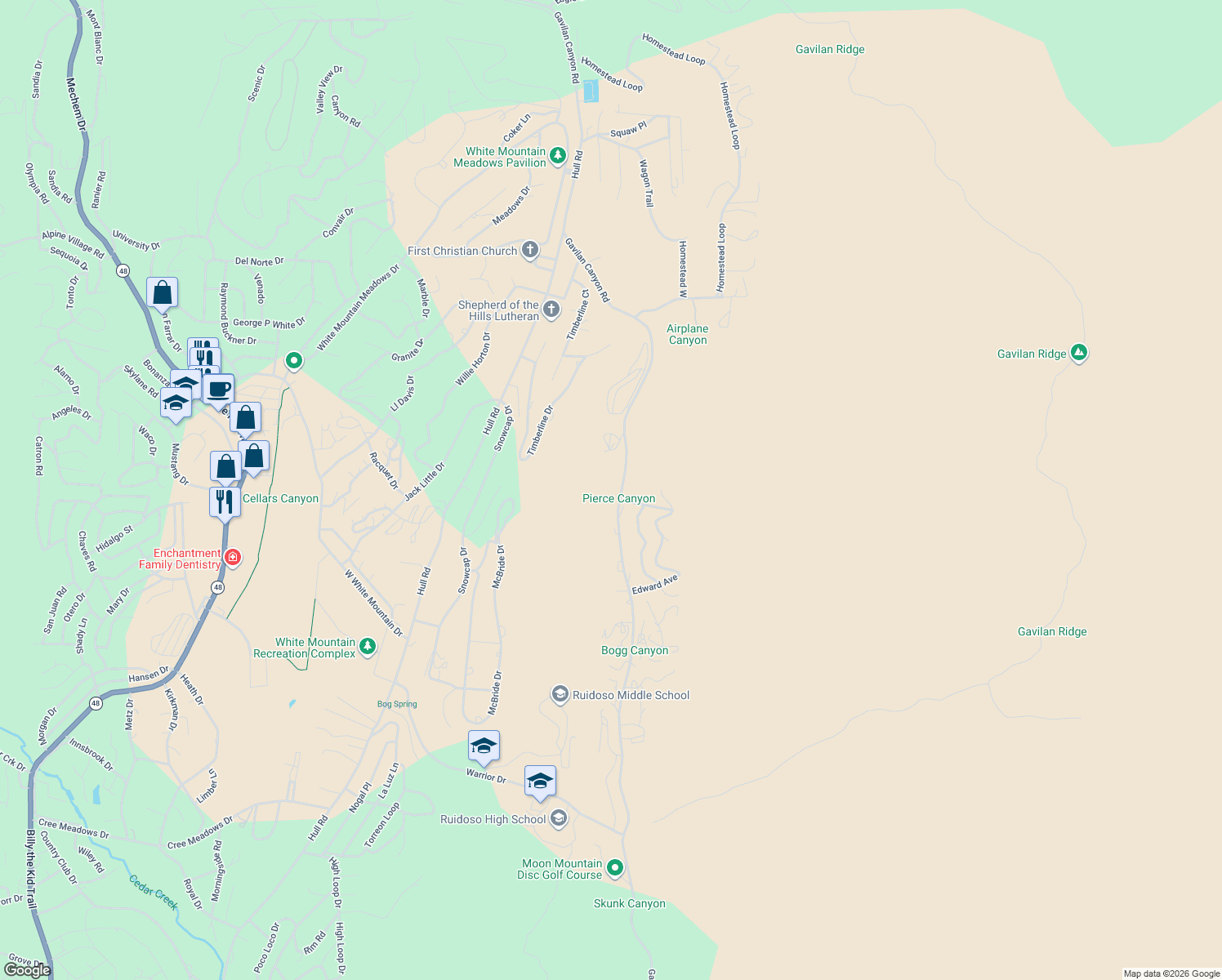 map of restaurants, bars, coffee shops, grocery stores, and more near Gavilan Canyon Road in Ruidoso