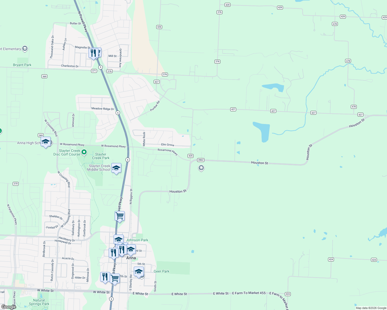 map of restaurants, bars, coffee shops, grocery stores, and more near 12154 County Road 425 in Anna