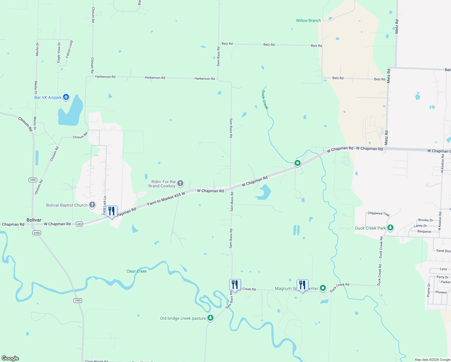 map of restaurants, bars, coffee shops, grocery stores, and more near 8775 Sam Bass Road in Sanger