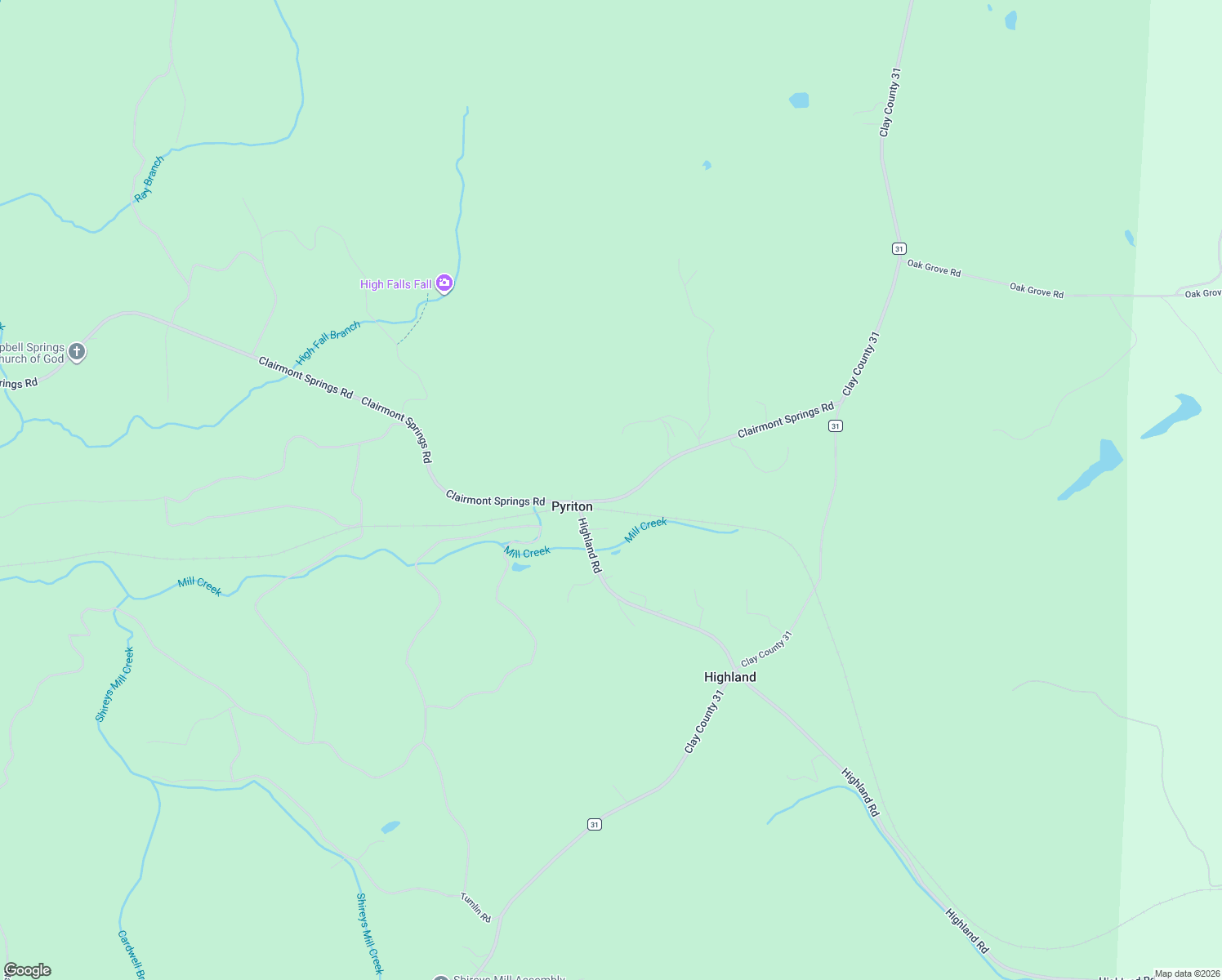 map of restaurants, bars, coffee shops, grocery stores, and more near 9977 Clairmont Springs Road in Lineville