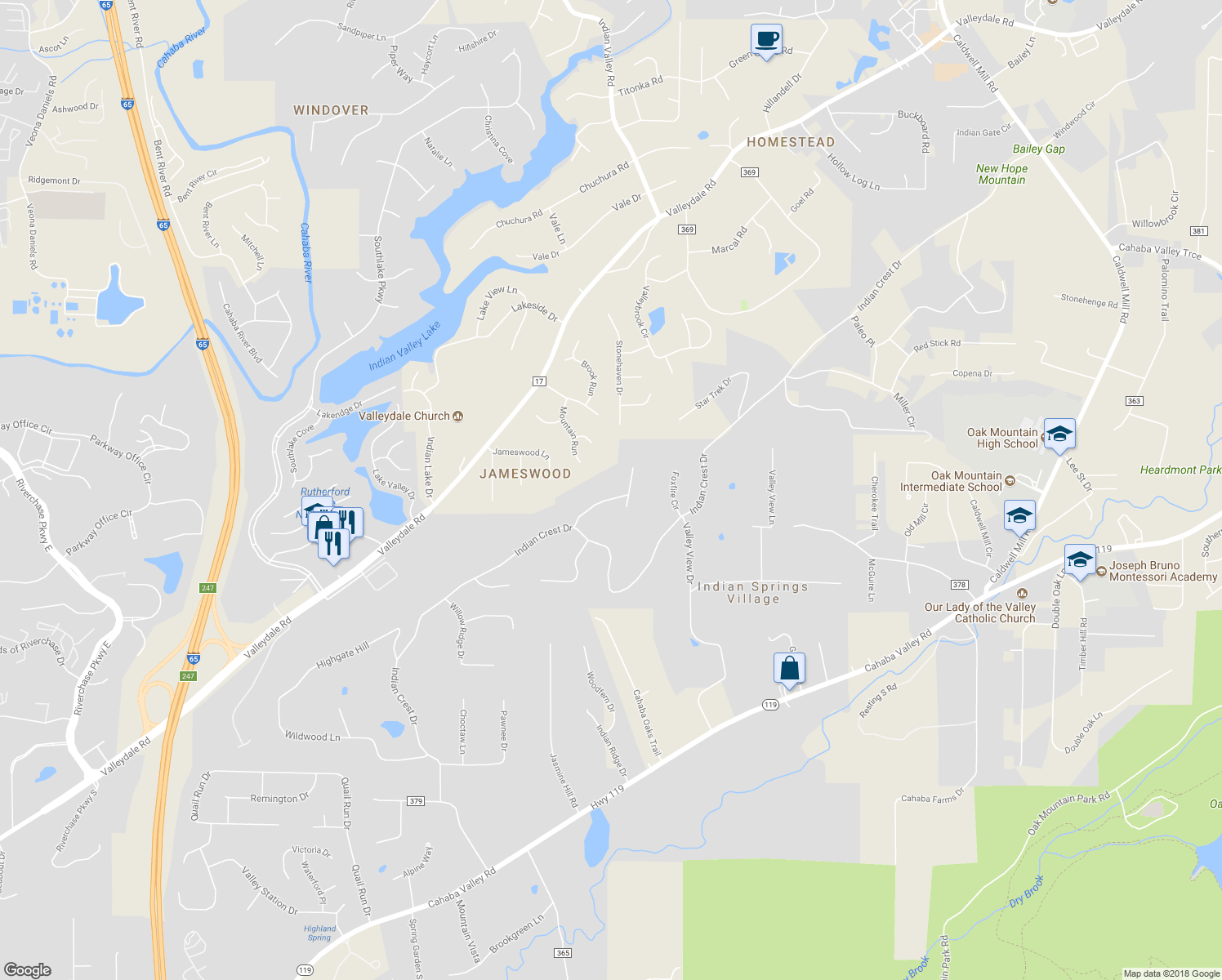 map of restaurants, bars, coffee shops, grocery stores, and more near 5310 Mountain Park Drive in Indian Springs Village
