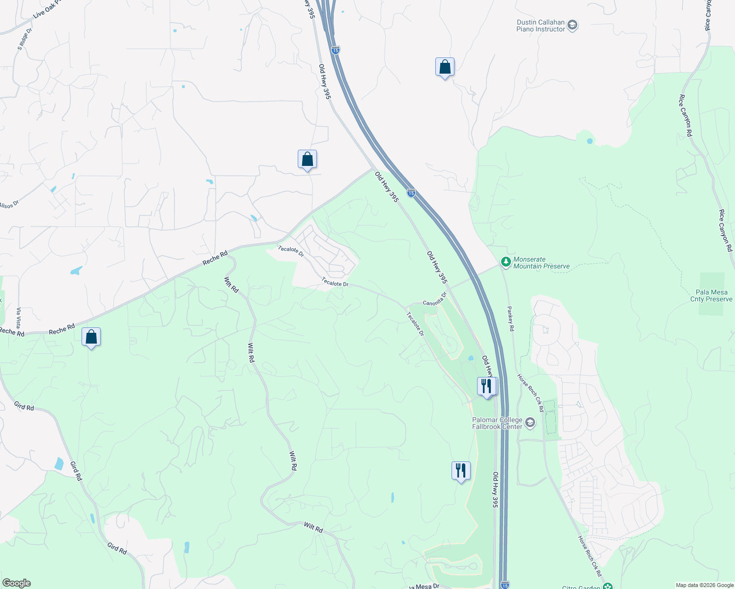 map of restaurants, bars, coffee shops, grocery stores, and more near 1691 Tecalote Drive in Fallbrook