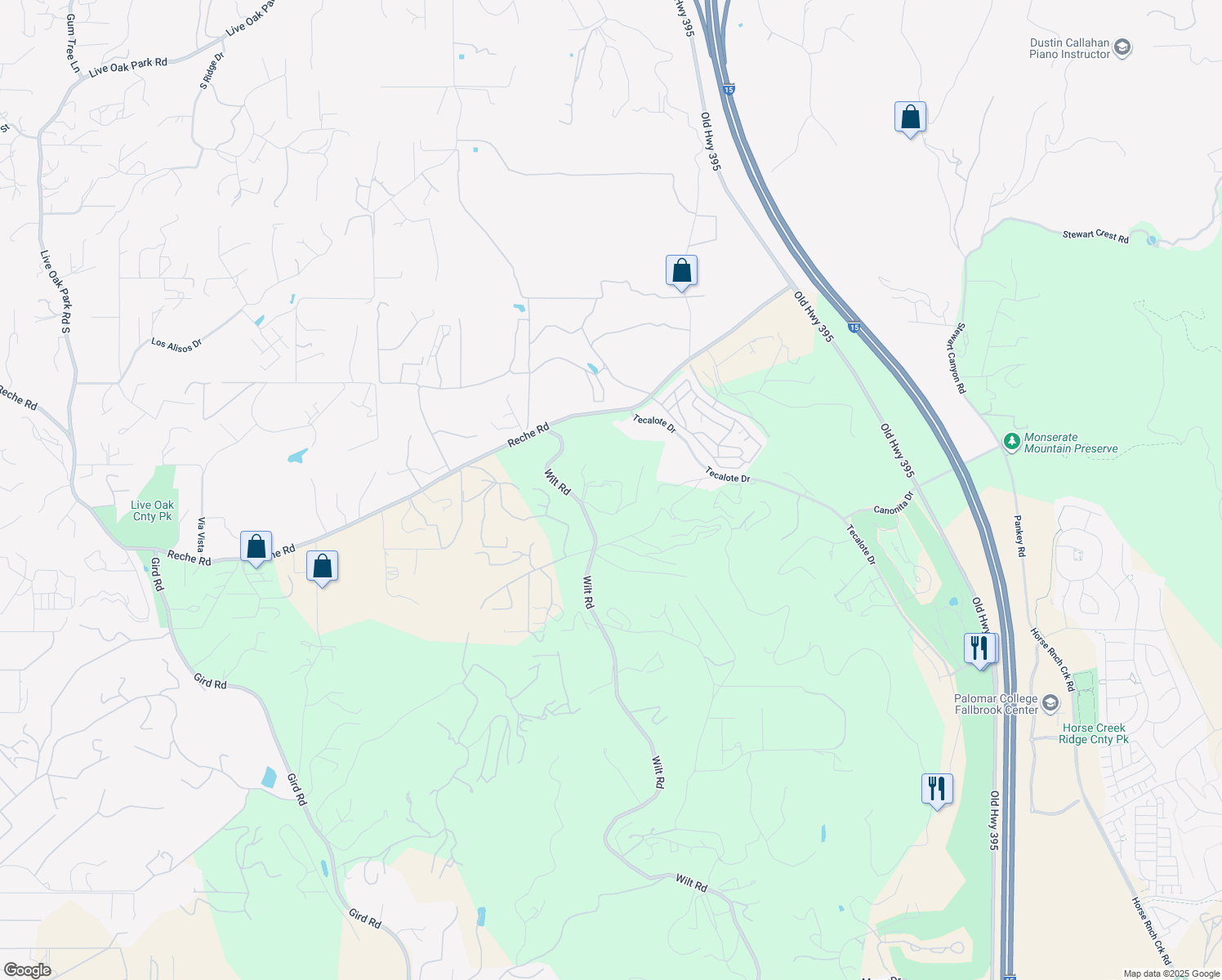 map of restaurants, bars, coffee shops, grocery stores, and more near 3730 Poppy Lane in Fallbrook