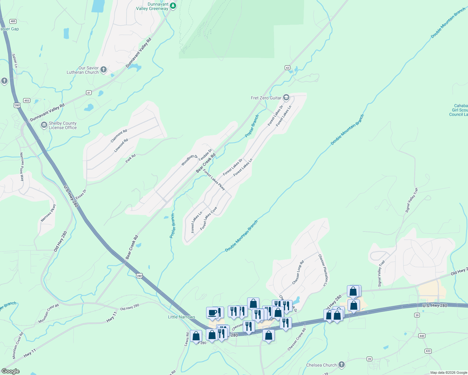 map of restaurants, bars, coffee shops, grocery stores, and more near 6018 Forest Lakes Cove in Sterrett