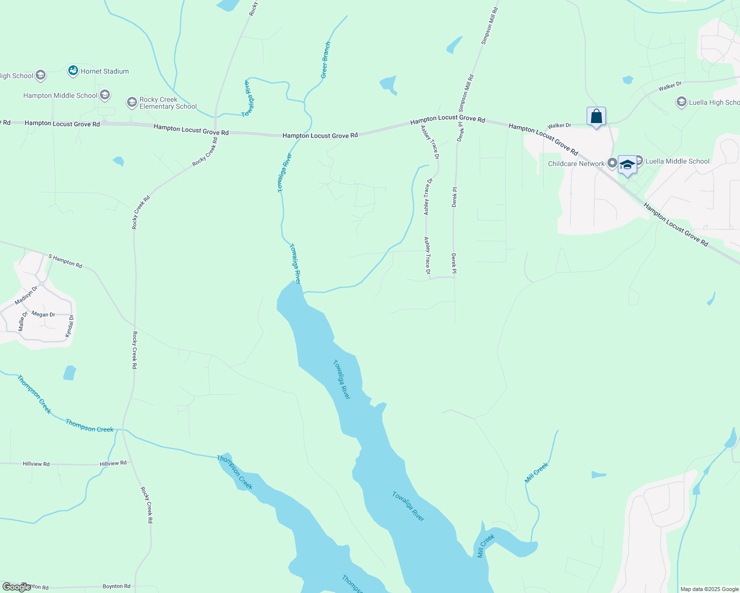 map of restaurants, bars, coffee shops, grocery stores, and more near 1228 Butler Court in Locust Grove