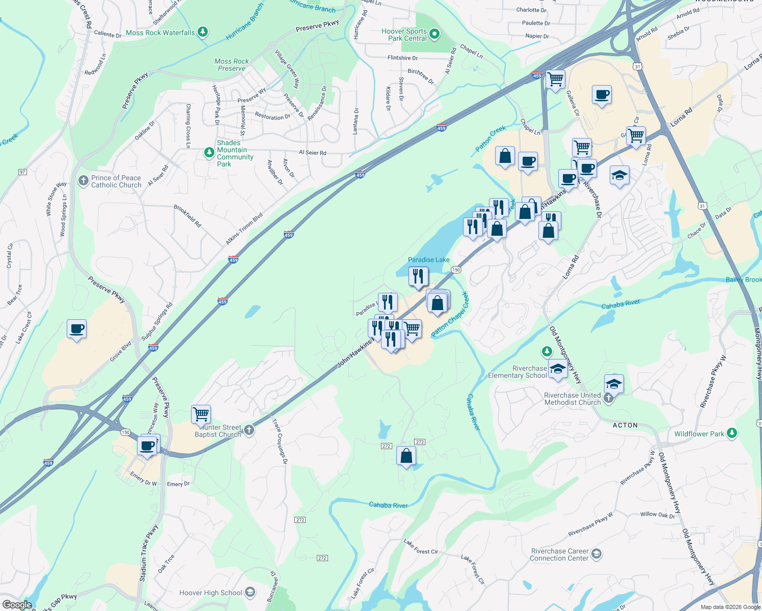 map of restaurants, bars, coffee shops, grocery stores, and more near 132 Paradise Lake Road in Birmingham