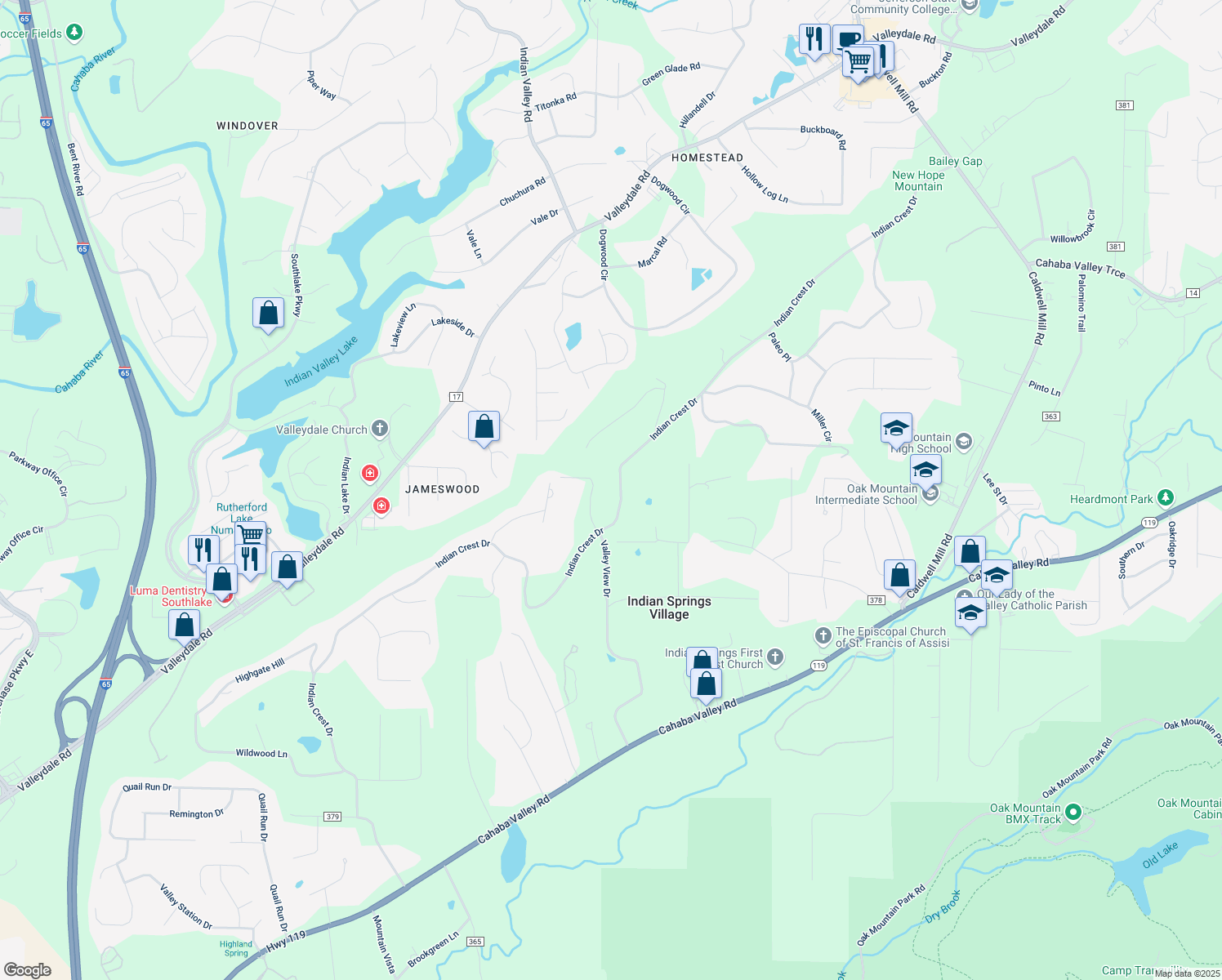 map of restaurants, bars, coffee shops, grocery stores, and more near 1955 Indian Crest Drive in Indian Springs Village