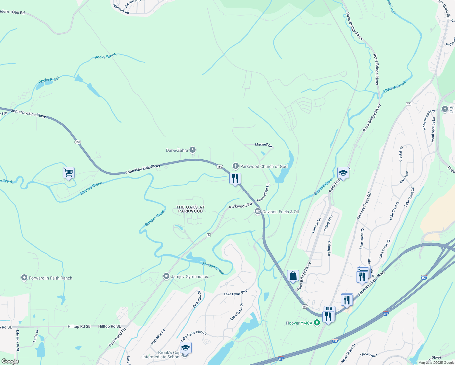 map of restaurants, bars, coffee shops, grocery stores, and more near 114 Bentley Lane Southeast in Bessemer