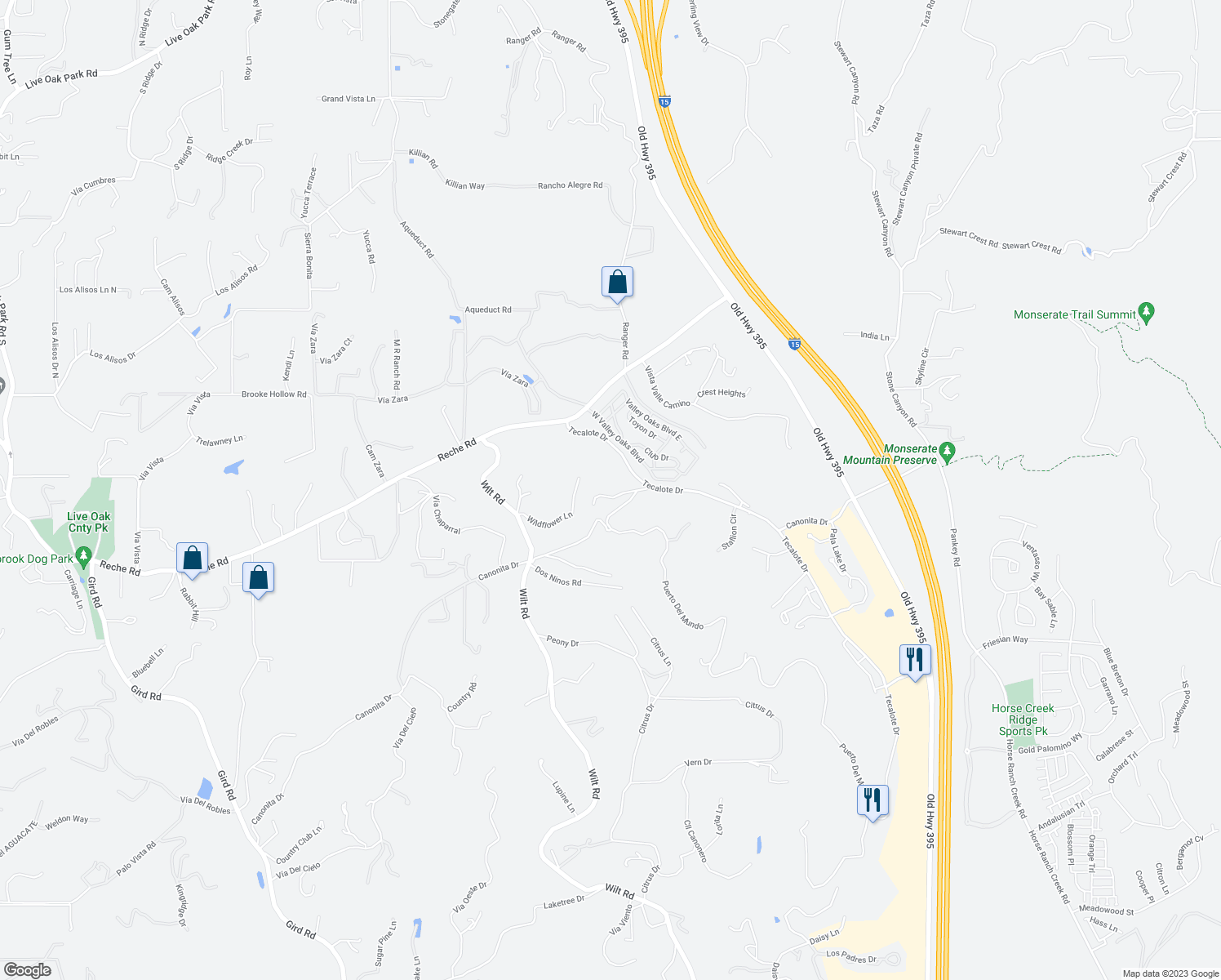 map of restaurants, bars, coffee shops, grocery stores, and more near 1557 Tecalote Drive in Fallbrook