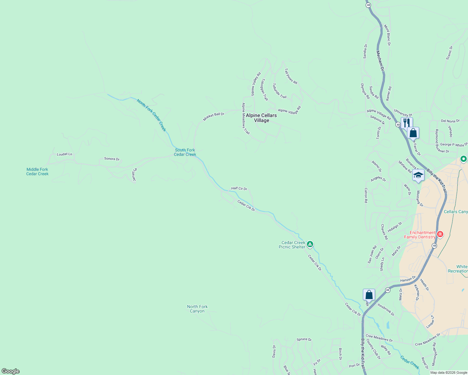 map of restaurants, bars, coffee shops, grocery stores, and more near 258 Cedar Creek Drive in Ruidoso