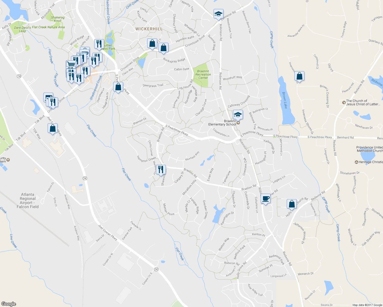 map of restaurants, bars, coffee shops, grocery stores, and more near 703 Tadmarton Court in Peachtree City