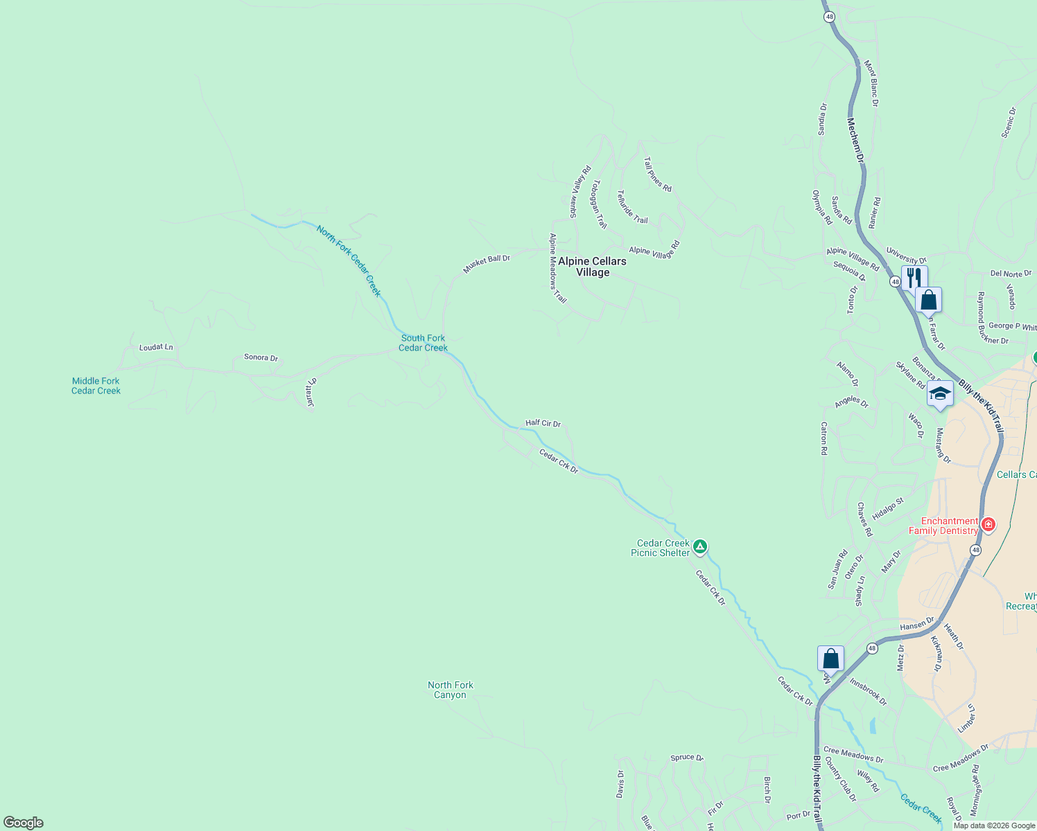 map of restaurants, bars, coffee shops, grocery stores, and more near 258 Cedar Creek Drive in Ruidoso