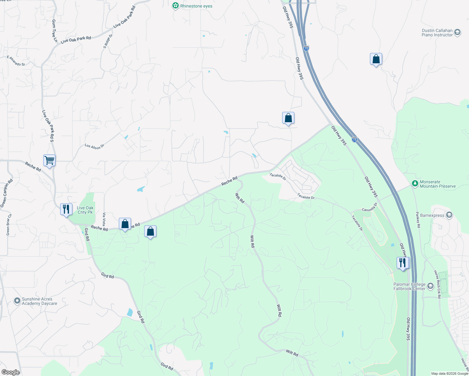 map of restaurants, bars, coffee shops, grocery stores, and more near 1601 Wilt Road in Fallbrook