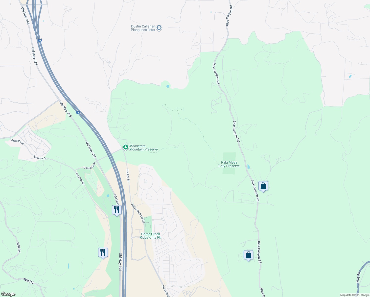 map of restaurants, bars, coffee shops, grocery stores, and more near Pala Mesa Mountain Drive in San Diego County