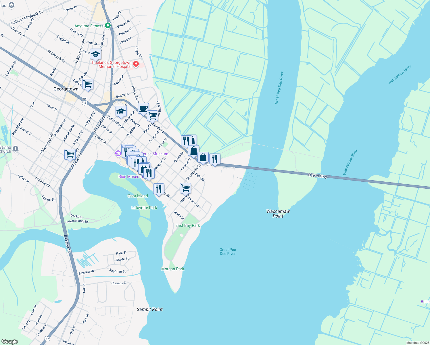 map of restaurants, bars, coffee shops, grocery stores, and more near 245 Church Street in Georgetown