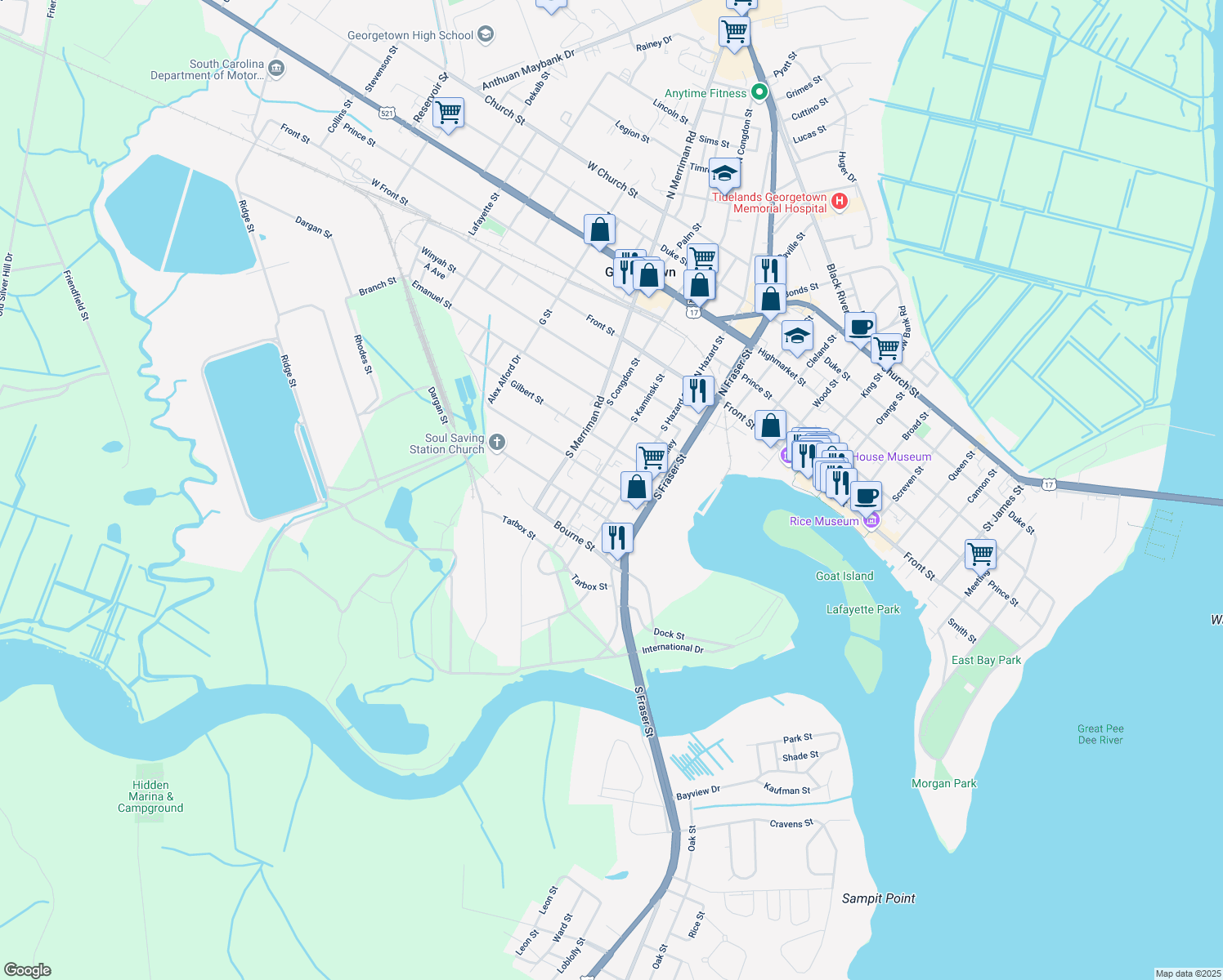 map of restaurants, bars, coffee shops, grocery stores, and more near 1515 Butts Street in Georgetown