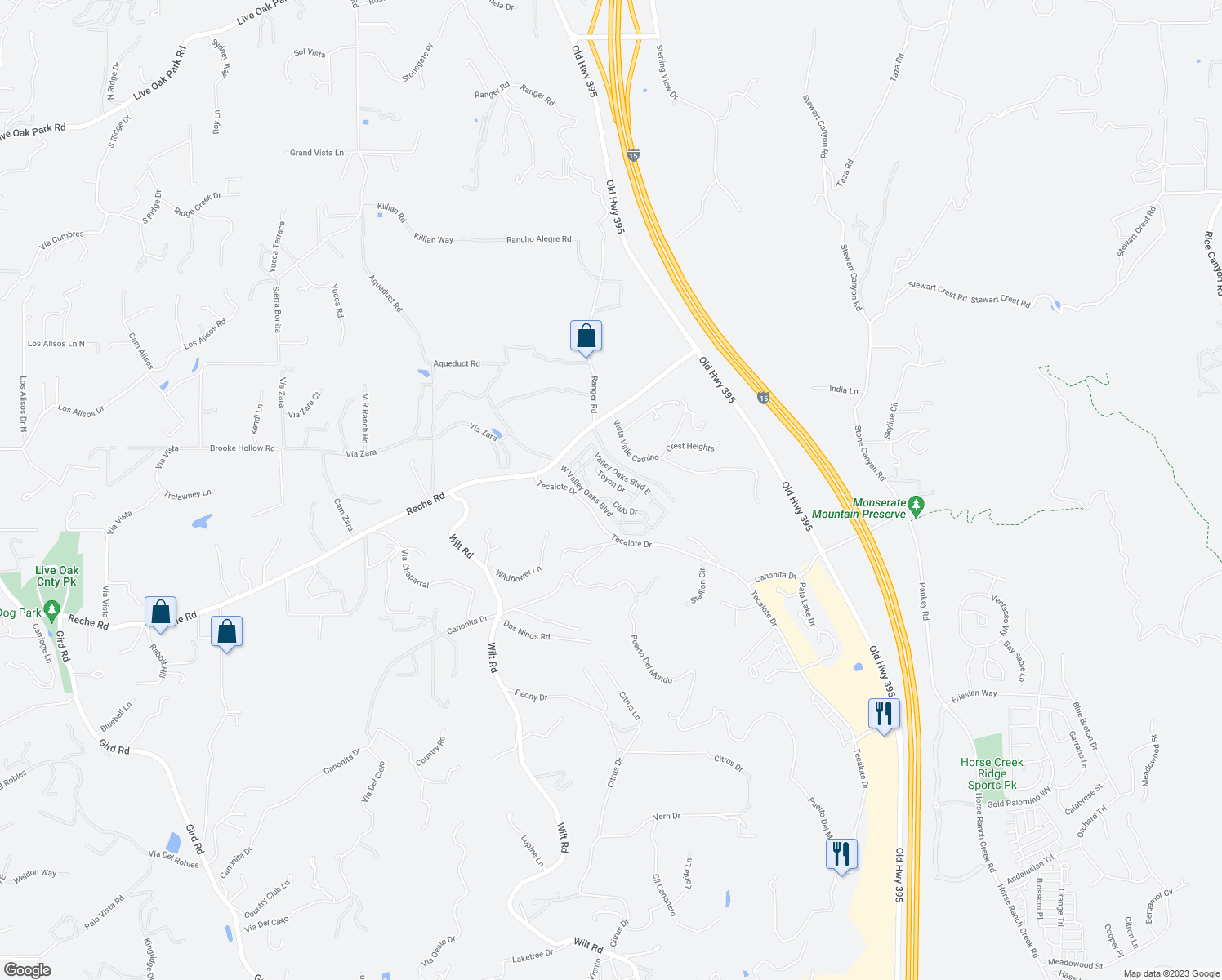 map of restaurants, bars, coffee shops, grocery stores, and more near 3909 Reche Road in Fallbrook
