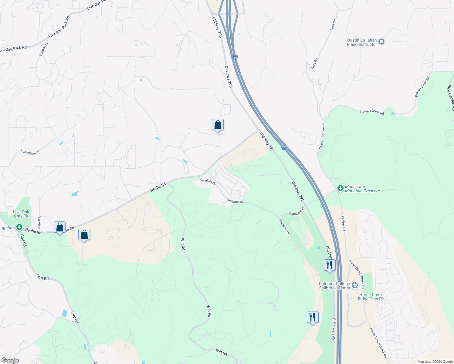 map of restaurants, bars, coffee shops, grocery stores, and more near 3909 Reche Road in Fallbrook