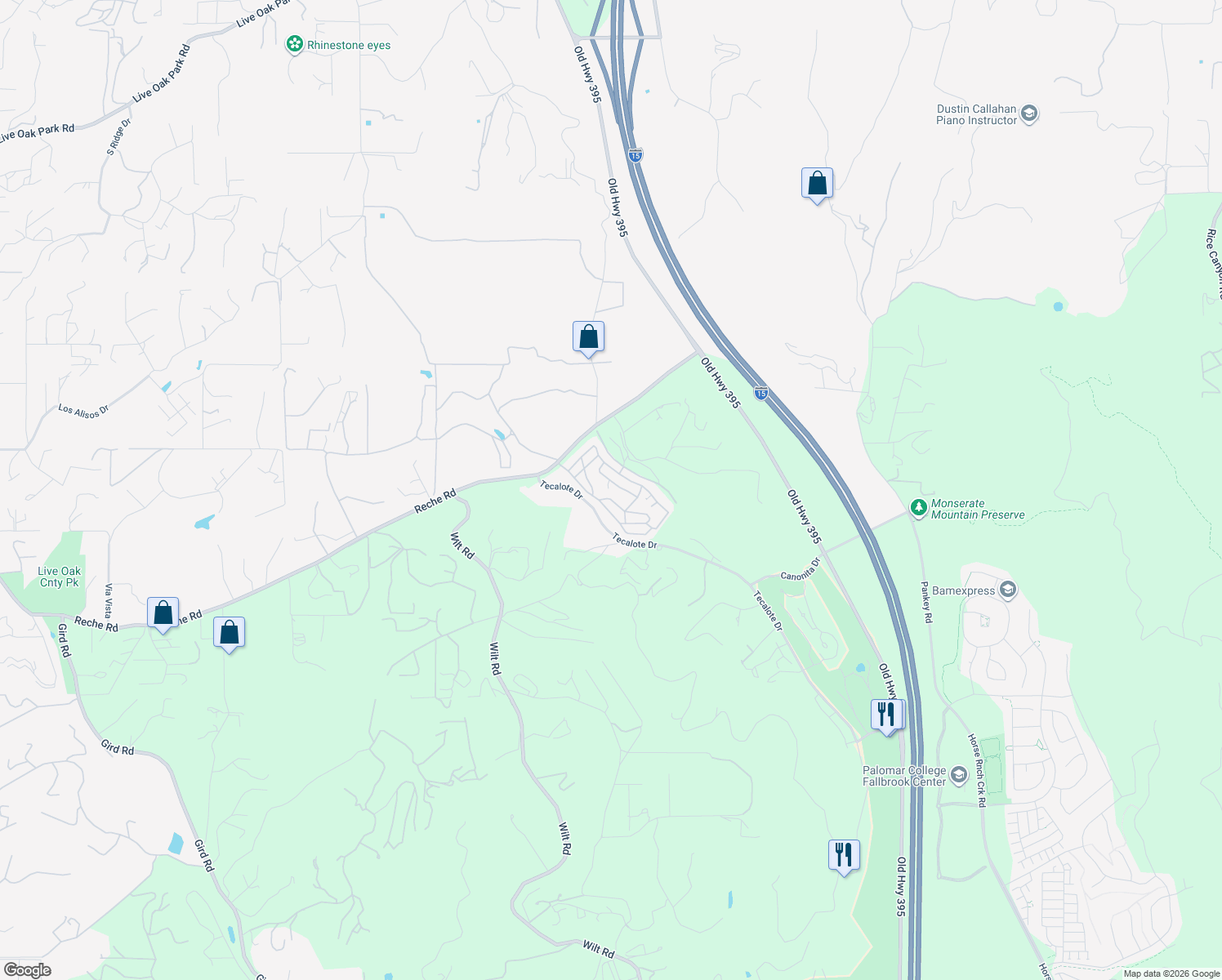 map of restaurants, bars, coffee shops, grocery stores, and more near 3909 Reche Road in Fallbrook