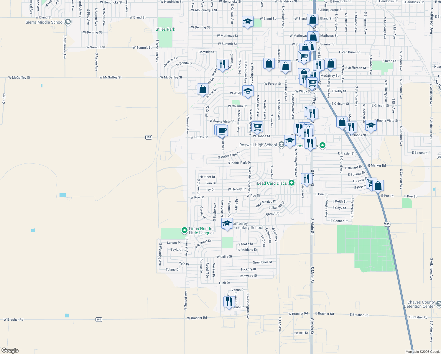 map of restaurants, bars, coffee shops, grocery stores, and more near 1912 South Union Avenue in Roswell