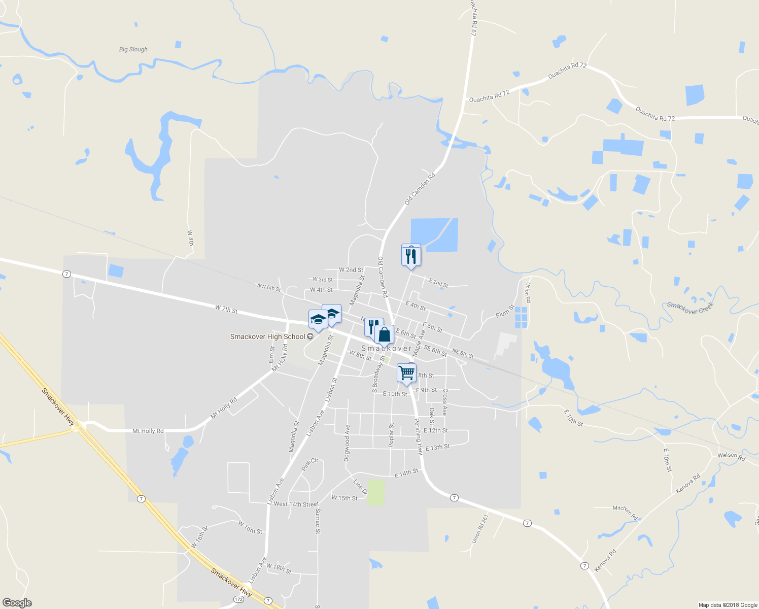 map of restaurants, bars, coffee shops, grocery stores, and more near 202 West 5th Street in Smackover