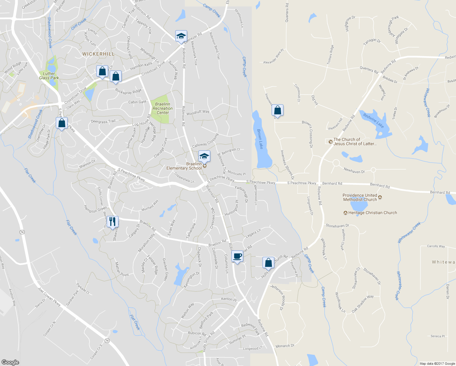 map of restaurants, bars, coffee shops, grocery stores, and more near 1704 Yarborough Drive in Peachtree City