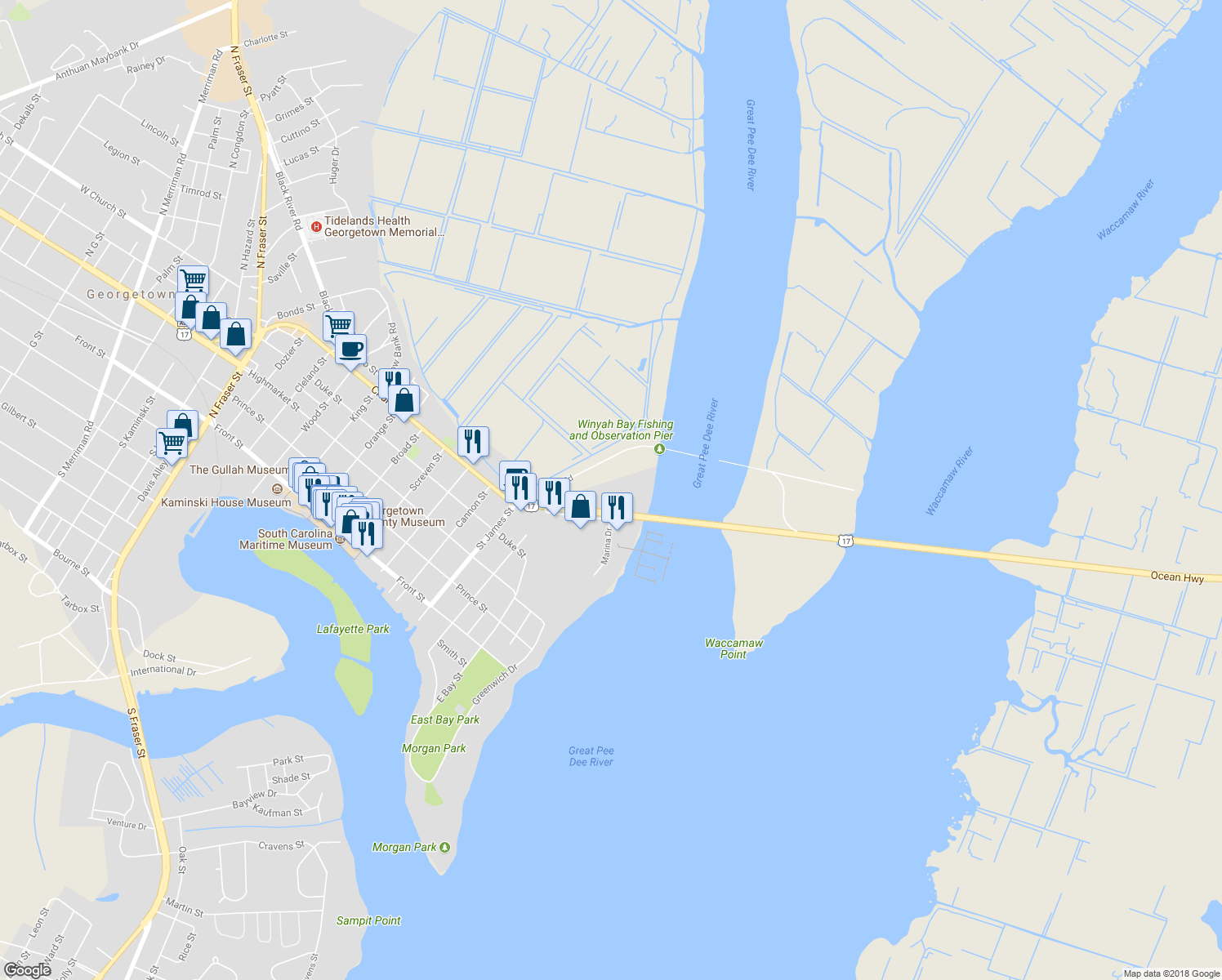 map of restaurants, bars, coffee shops, grocery stores, and more near 120 Church Street in Georgetown