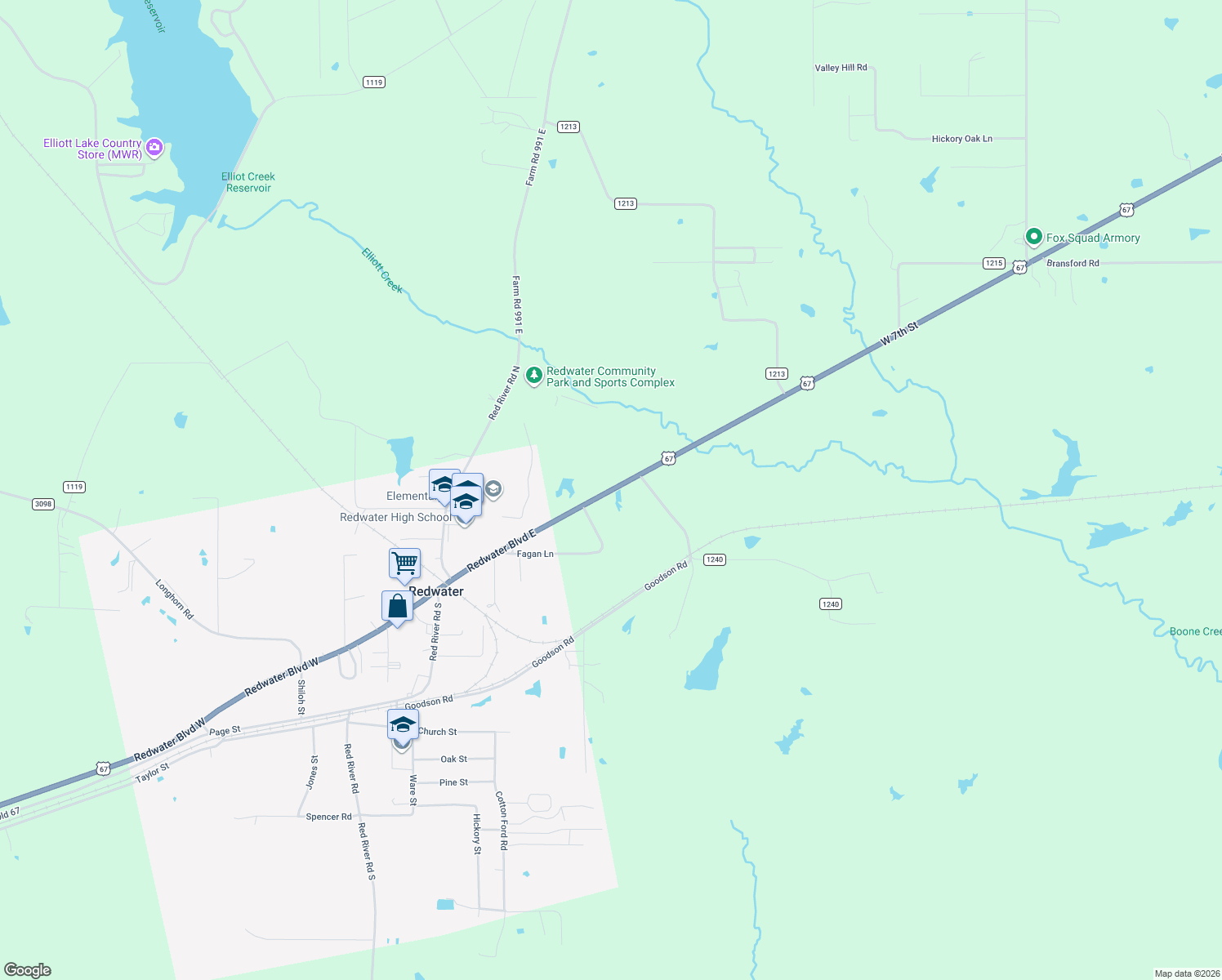 map of restaurants, bars, coffee shops, grocery stores, and more near U.S. 67 in Texarkana
