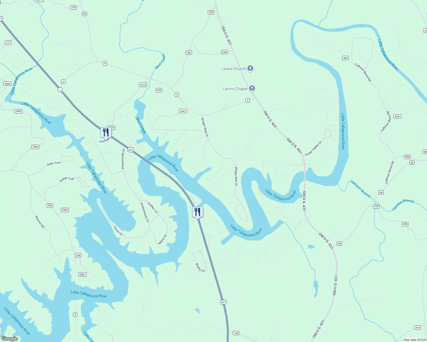 map of restaurants, bars, coffee shops, grocery stores, and more near 84 Muffit Drive in Wedowee