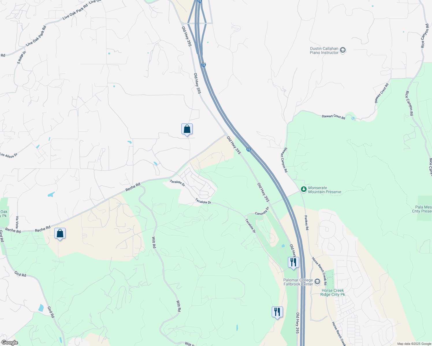 map of restaurants, bars, coffee shops, grocery stores, and more near Vista Valle Camino in Fallbrook