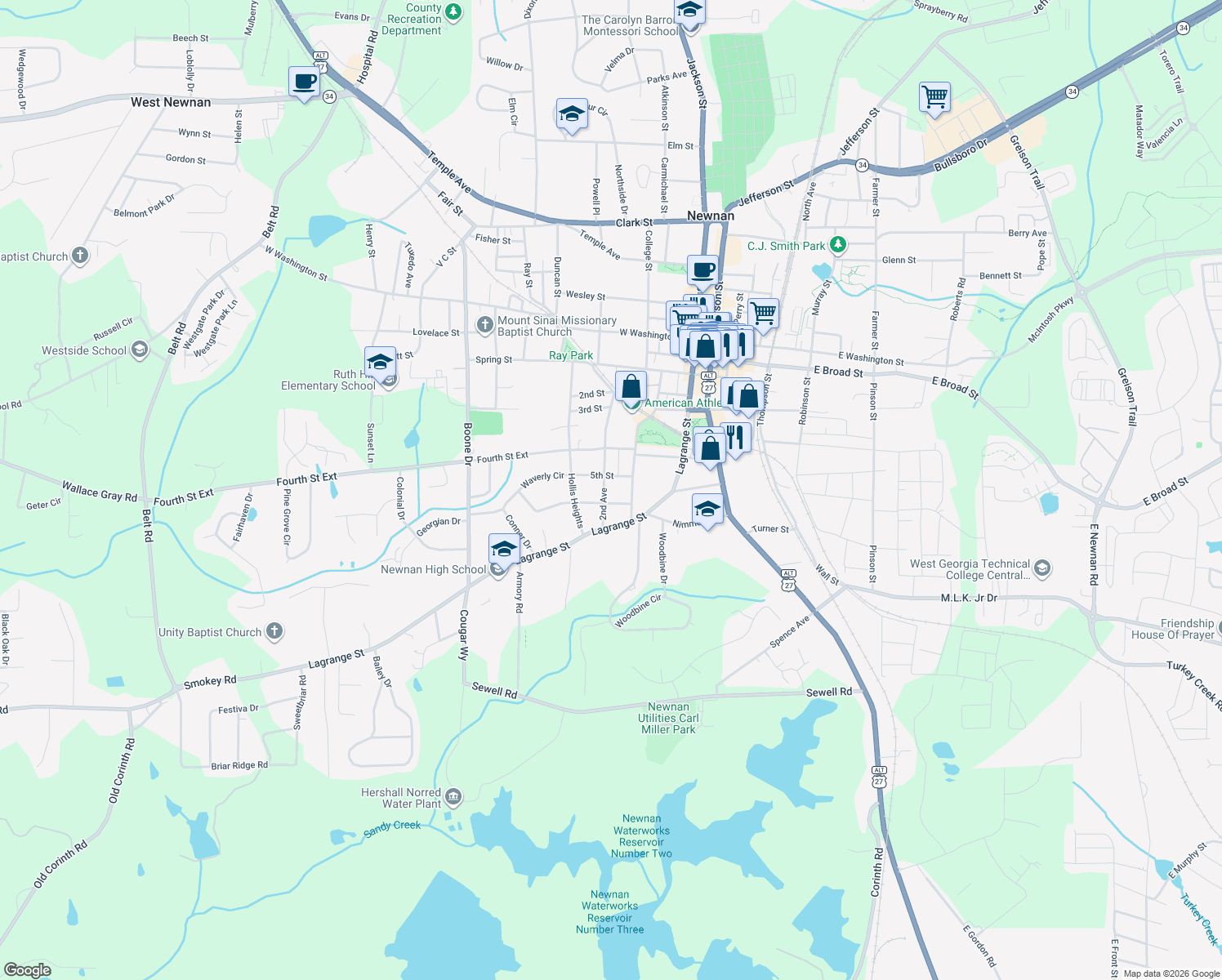 map of restaurants, bars, coffee shops, grocery stores, and more near 68 2nd Avenue in Newnan