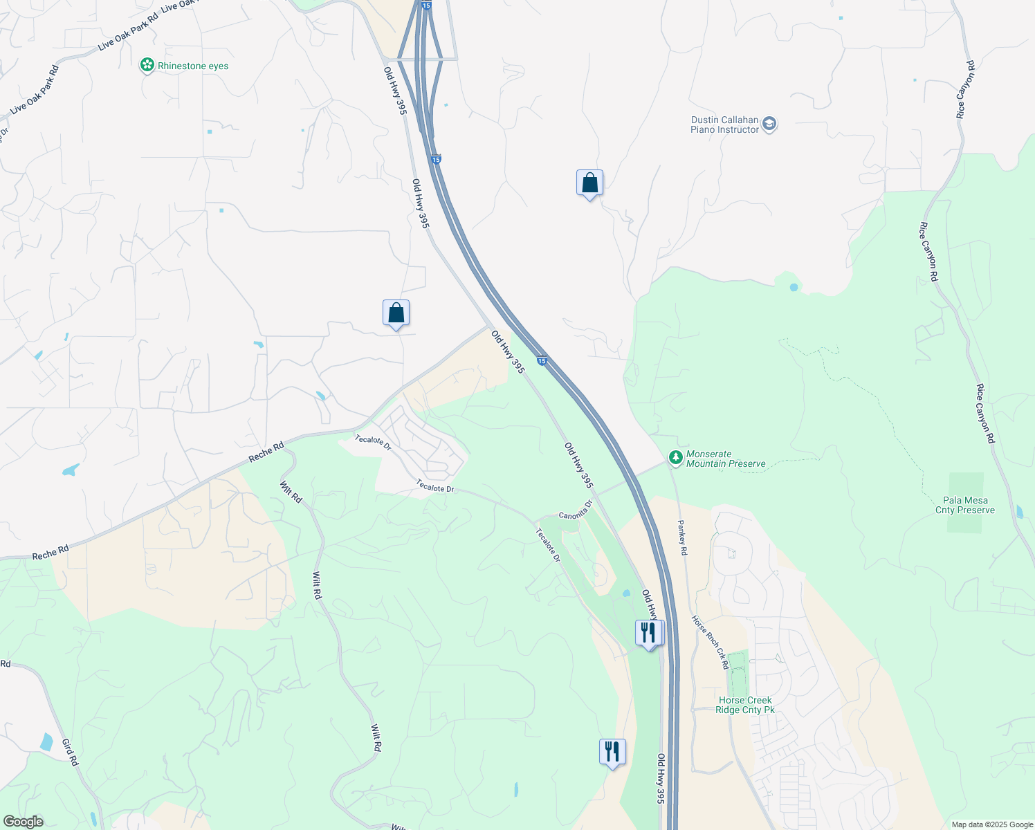 map of restaurants, bars, coffee shops, grocery stores, and more near Vista Valle Camino in Fallbrook