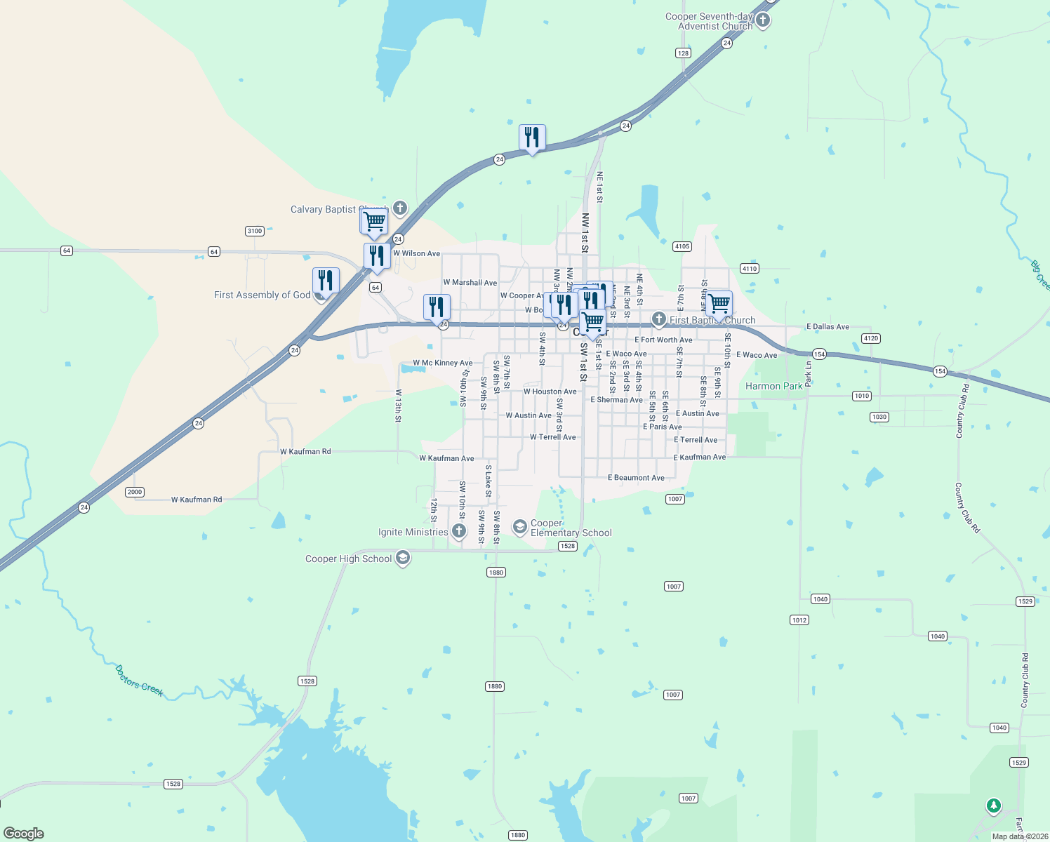 map of restaurants, bars, coffee shops, grocery stores, and more near 551 West Austin Avenue in Cooper