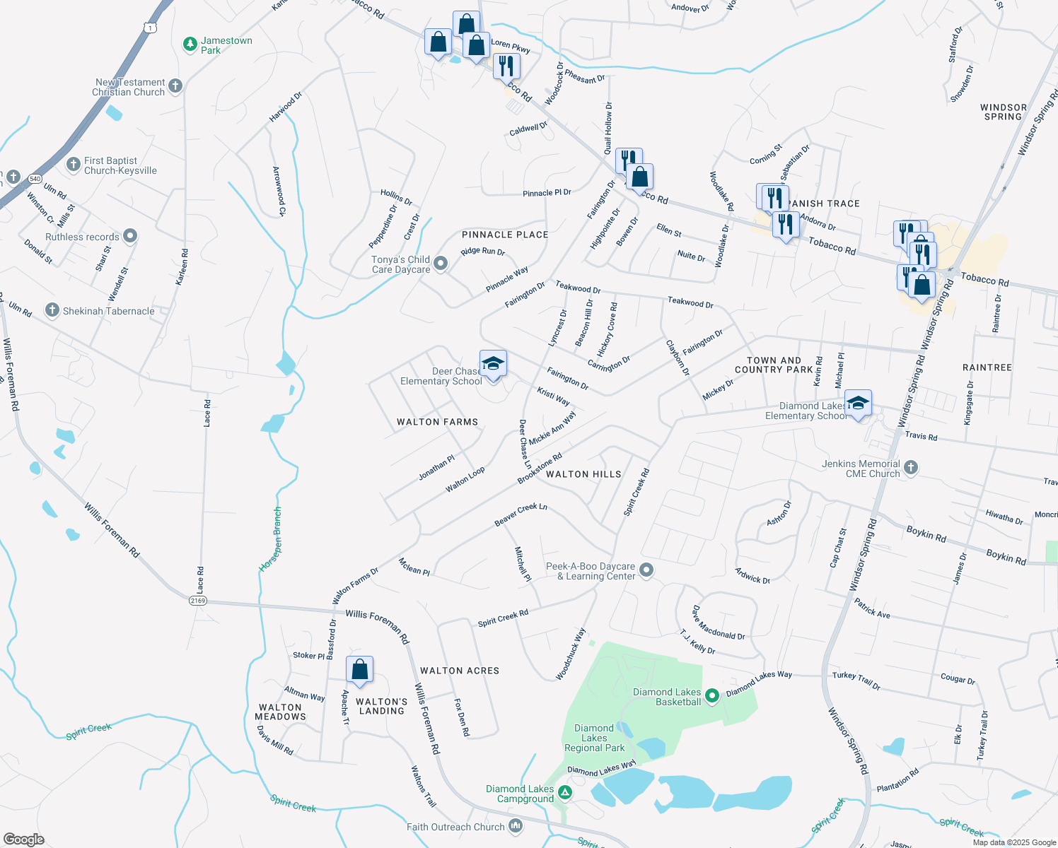 map of restaurants, bars, coffee shops, grocery stores, and more near 1761 Deer Chase Lane in Hephzibah