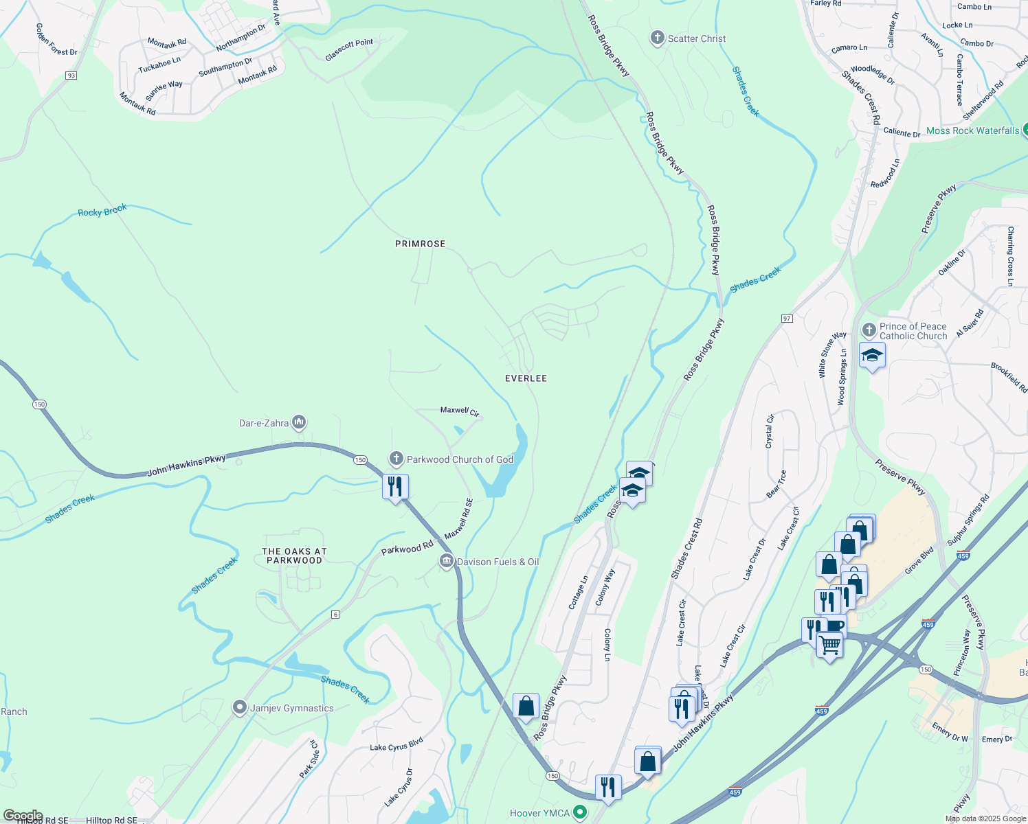 map of restaurants, bars, coffee shops, grocery stores, and more near 130 Maxwell Circle in Bessemer